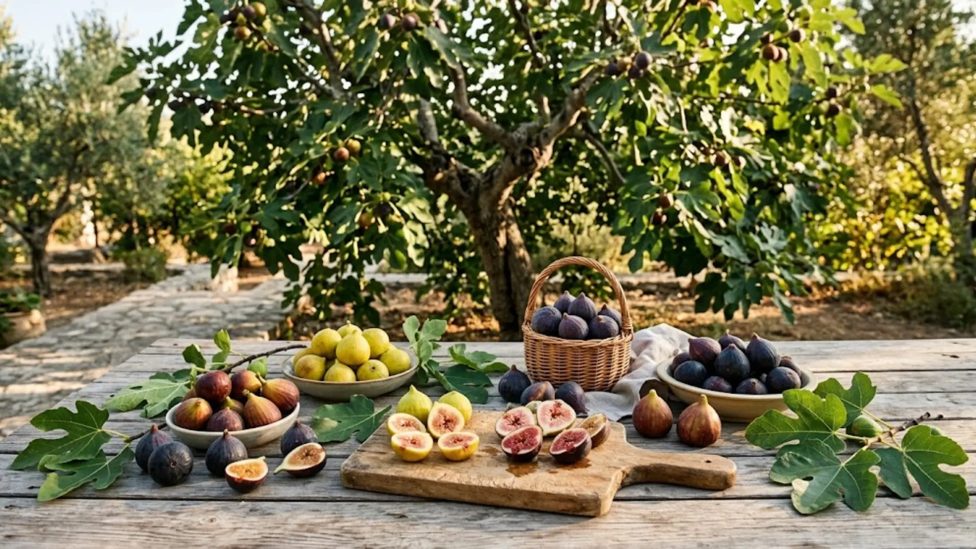 assorted fresh fig varieties displayed on a rustic table with a fig tree behind