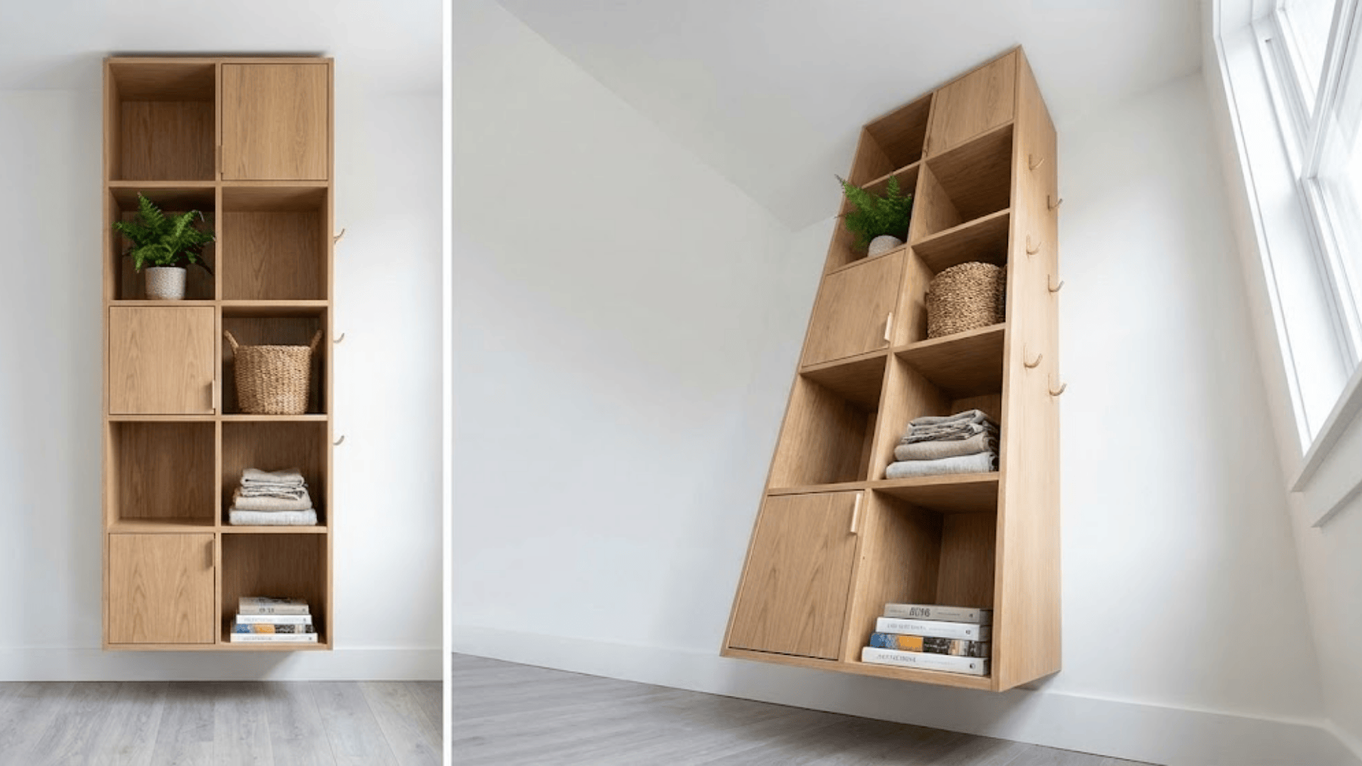 tall narrow oak storage unit with vertical cubbies shelves and hooks maximizing small entryway space