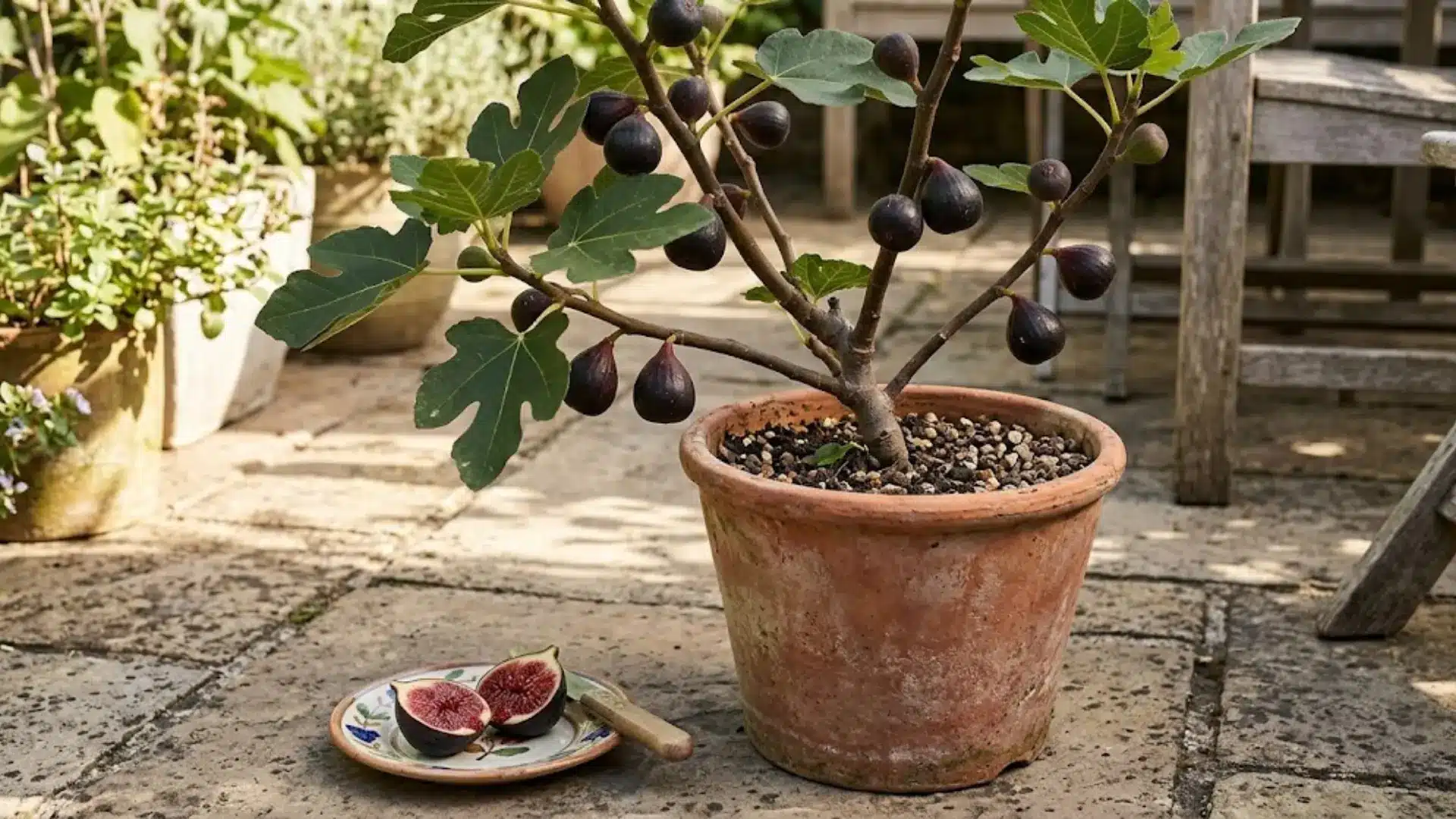 dark violette de bordeaux figs on a potted patio tree