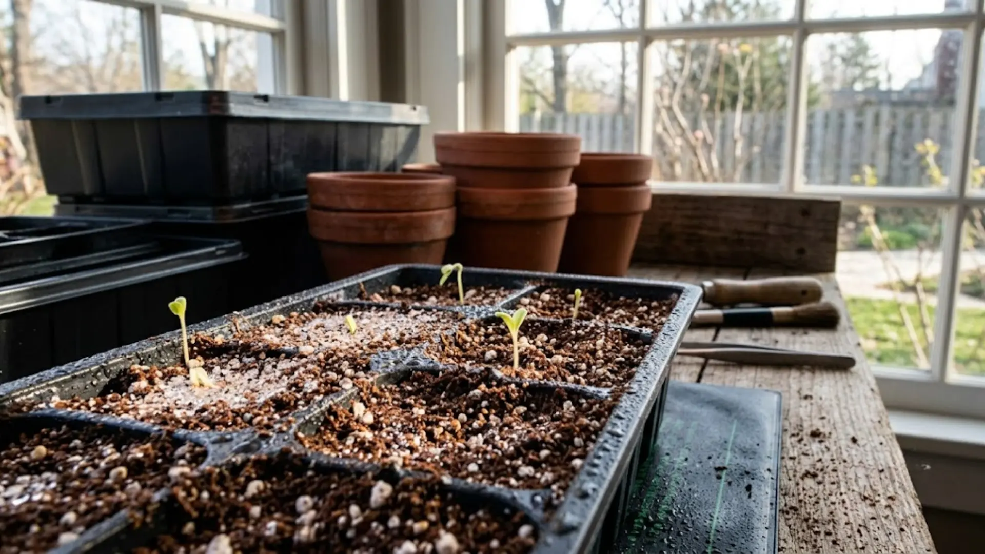 freshly germinated lavender seedlings with tiny green cotyledons