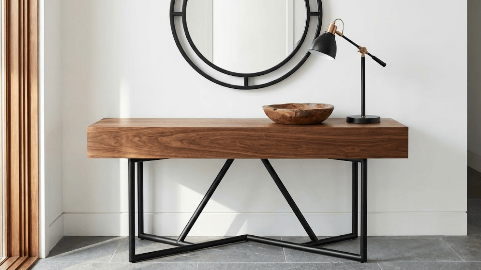 walnut wood console top with matte black metal frame base showing warm wood and metal contrast