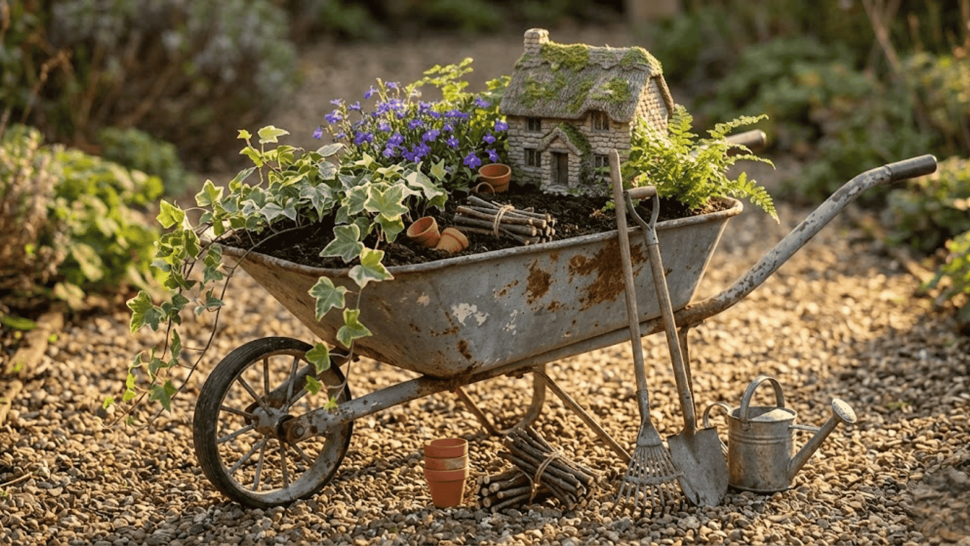 wheelbarrow fairy garden