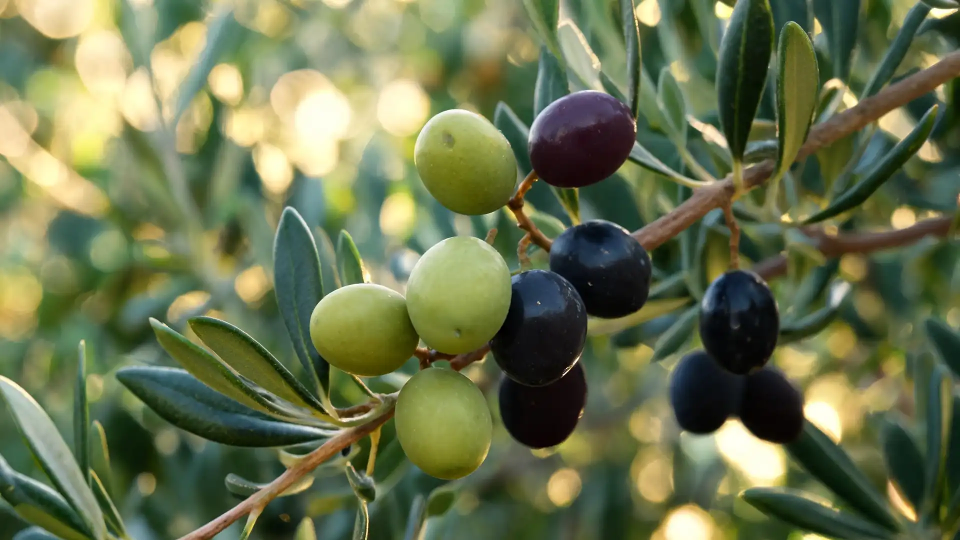 green and black olives ripening together on an olive tree branch surrounded by narrow green leaves