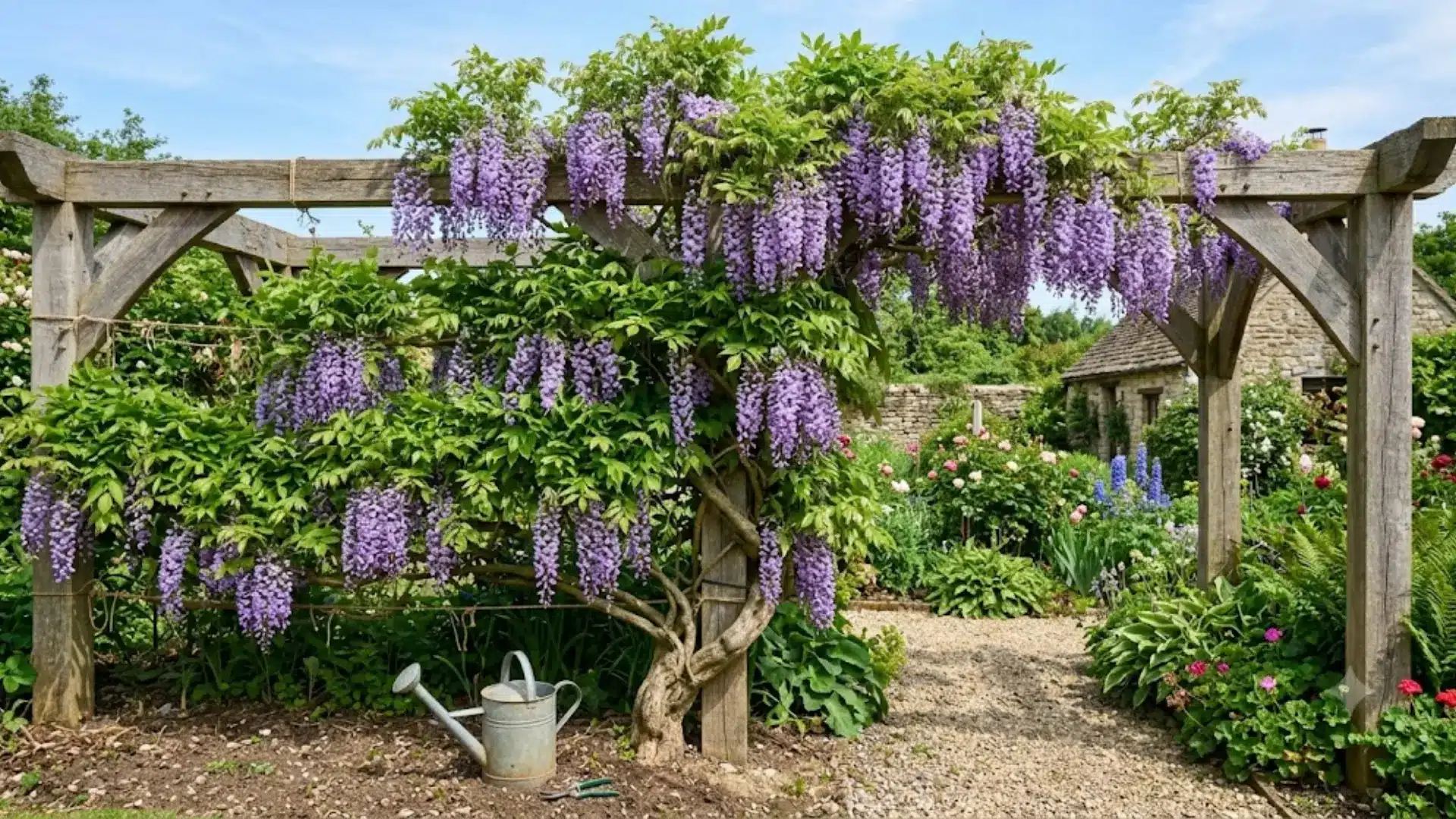 healthy wisteria vine trained on a wooden support blooming in a home garden