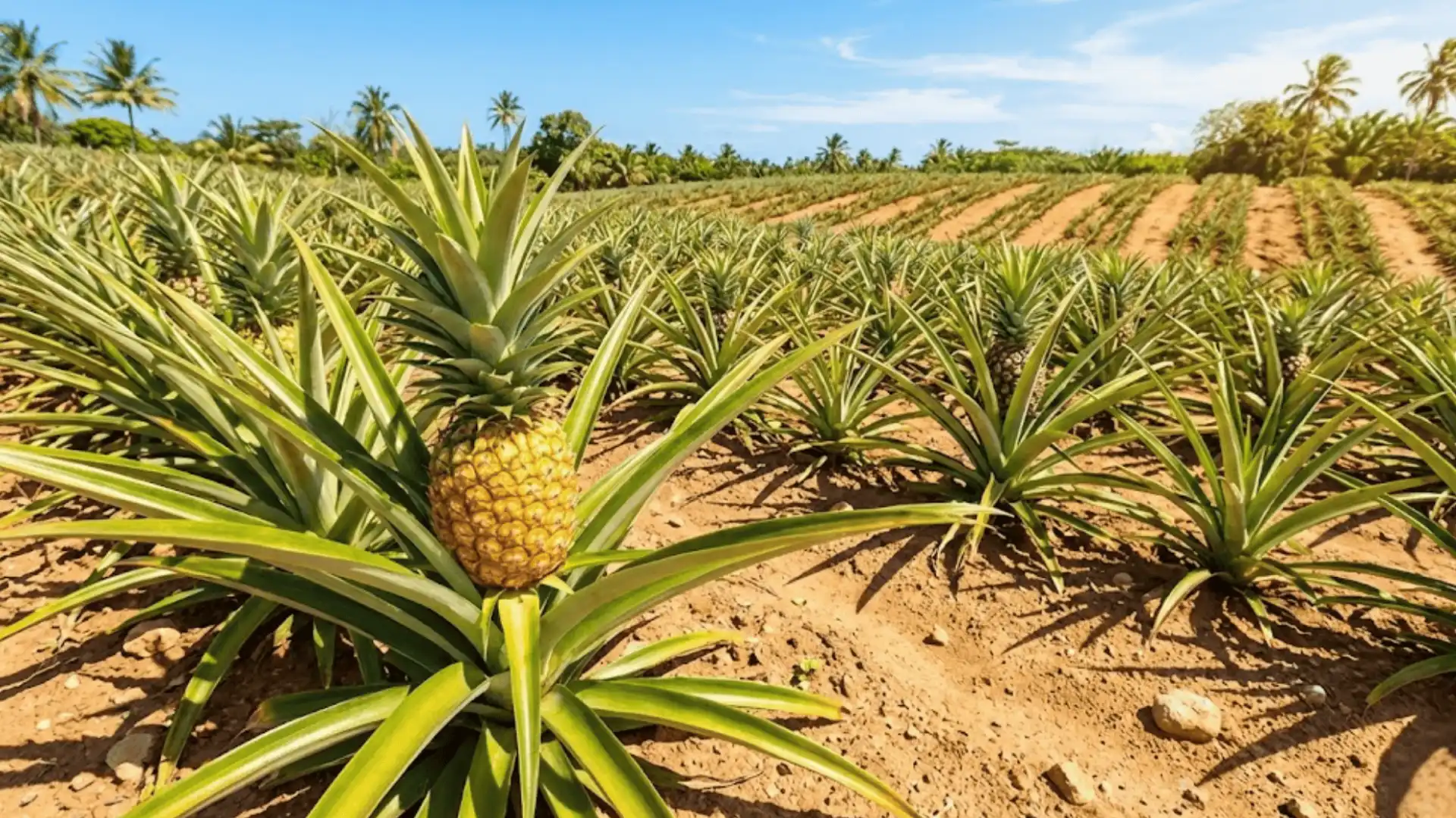 pineapple plantation showing rows of plants growing in a warm tropical field