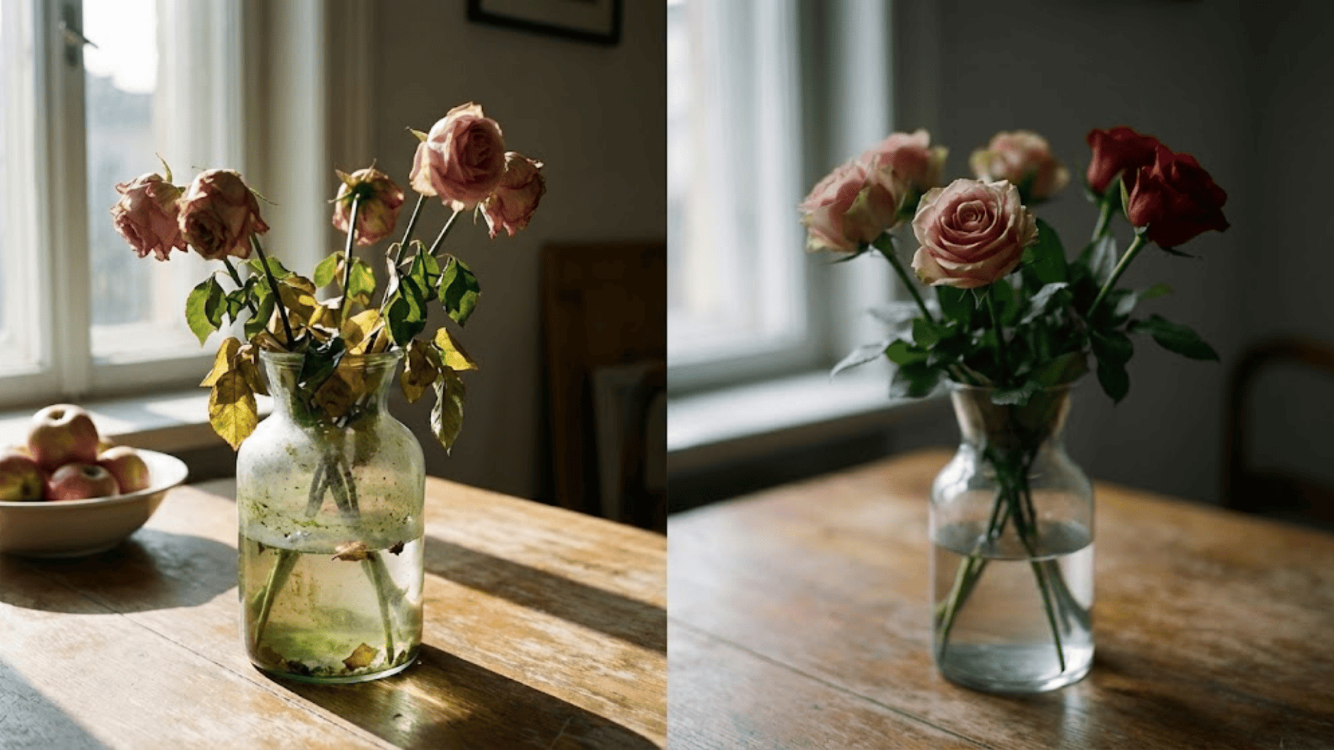 side-by-side comparison of wilted, murky-water roses versus fresh pink and red roses in clean water