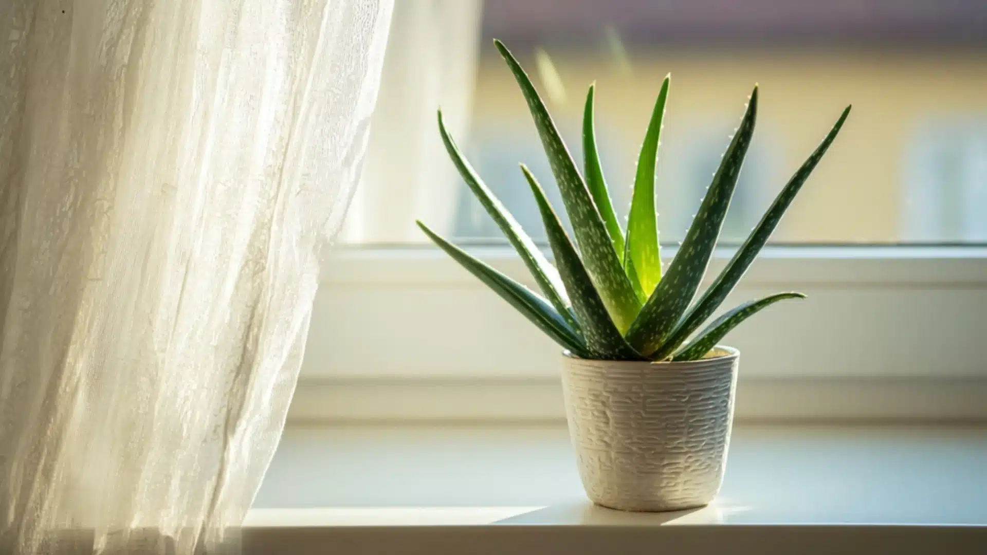 aloe vera plant with thick green succulent leaves in a small pot placed on a sunny windowsill