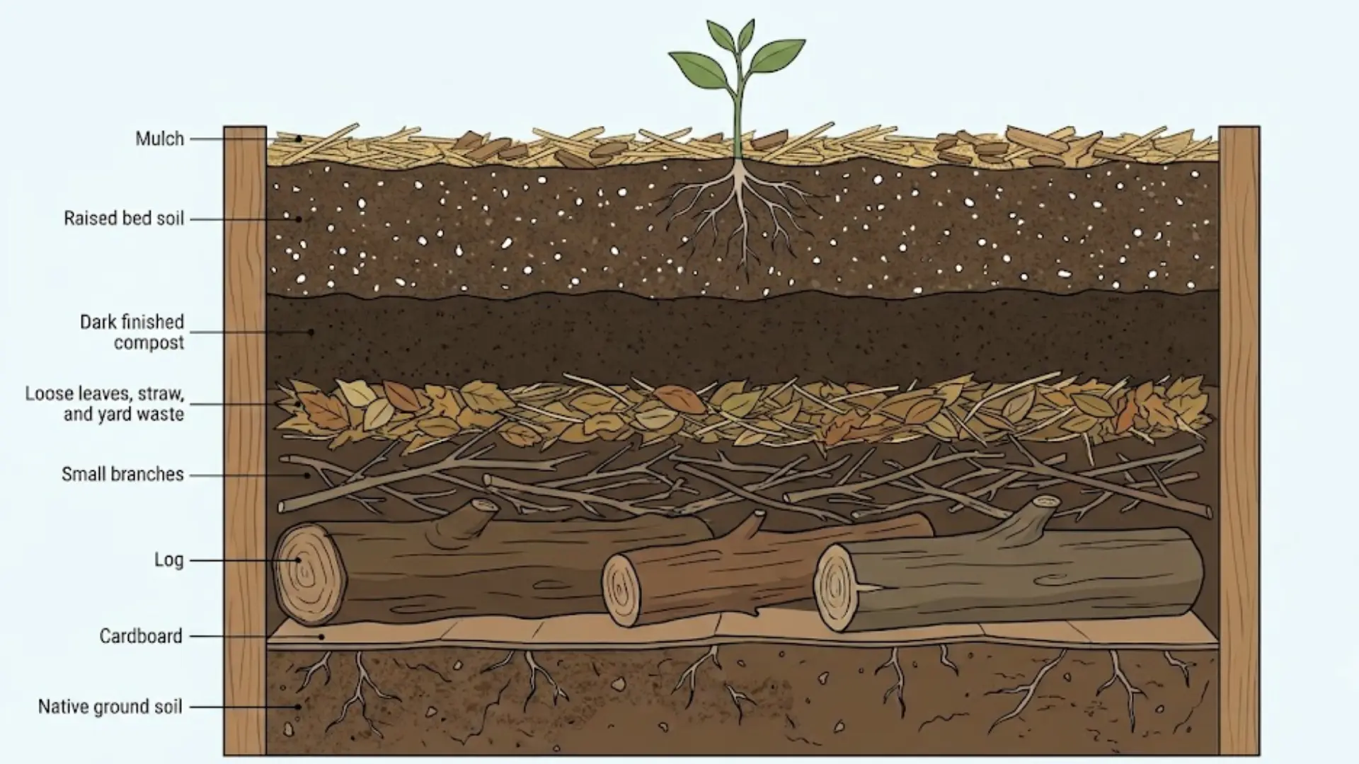 diy raised garden bed layers diagram showing soil, compost, mulch cross-section for filling raised beds