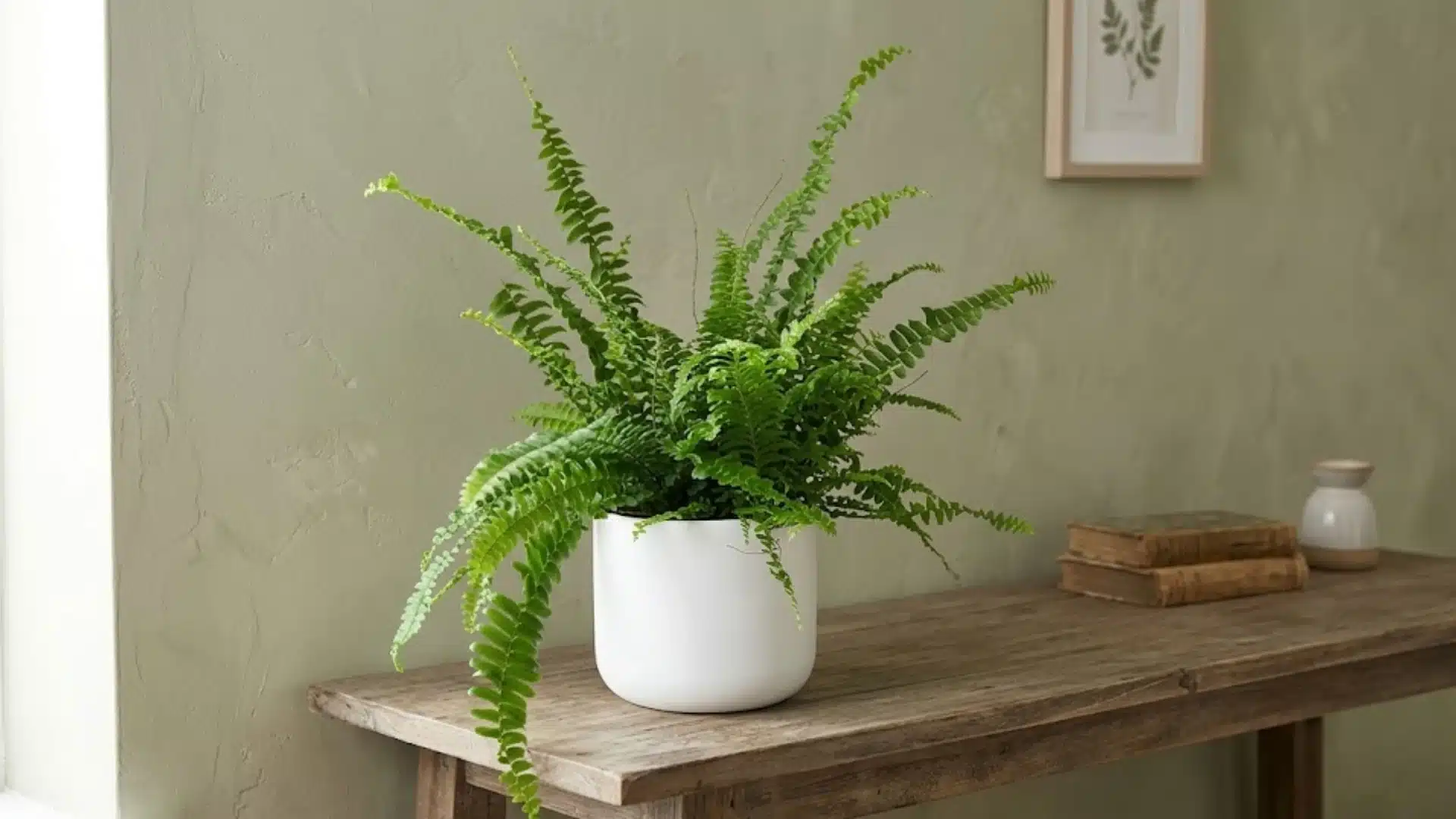 boston fern with lush arching green fronds in a white pot on a rustic wooden table