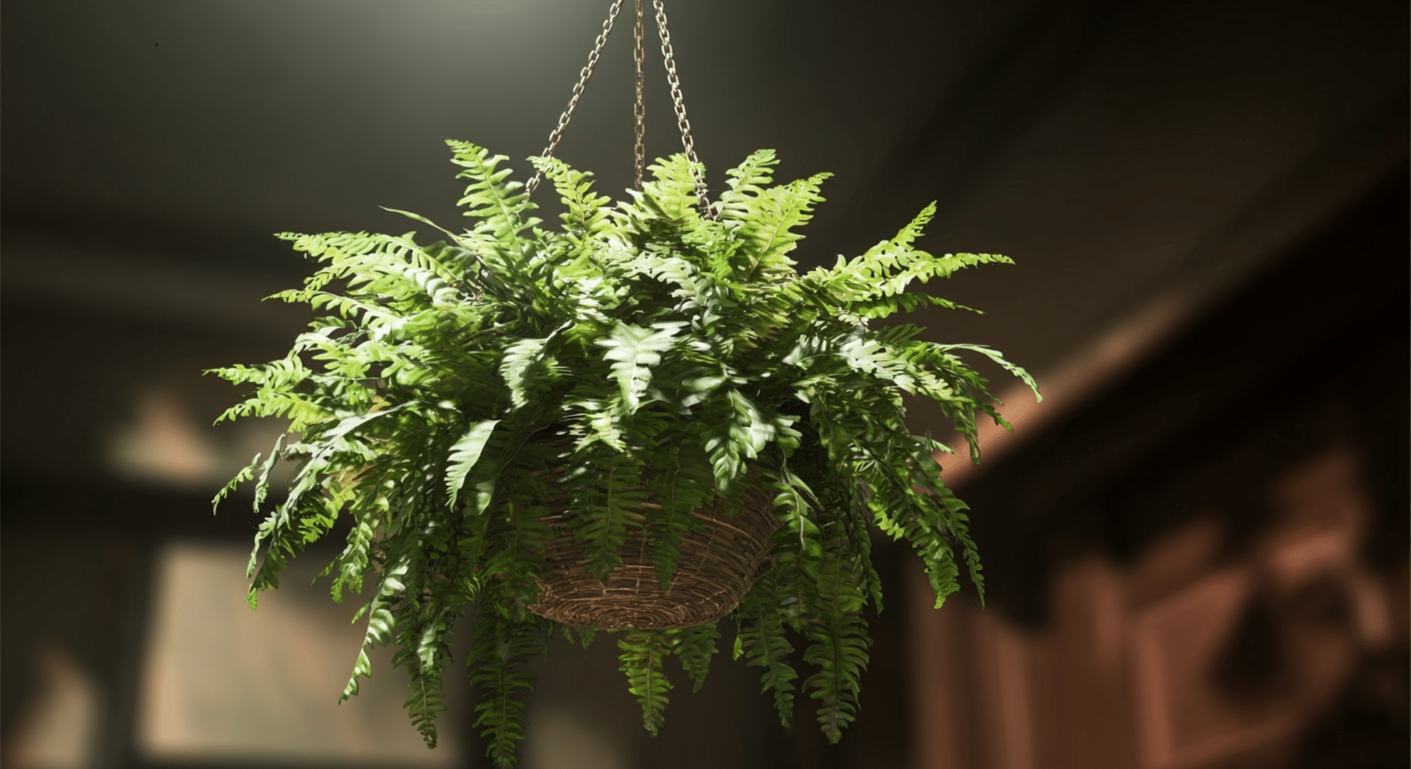 boston fern with long arching green fronds cascading over the sides of a pot