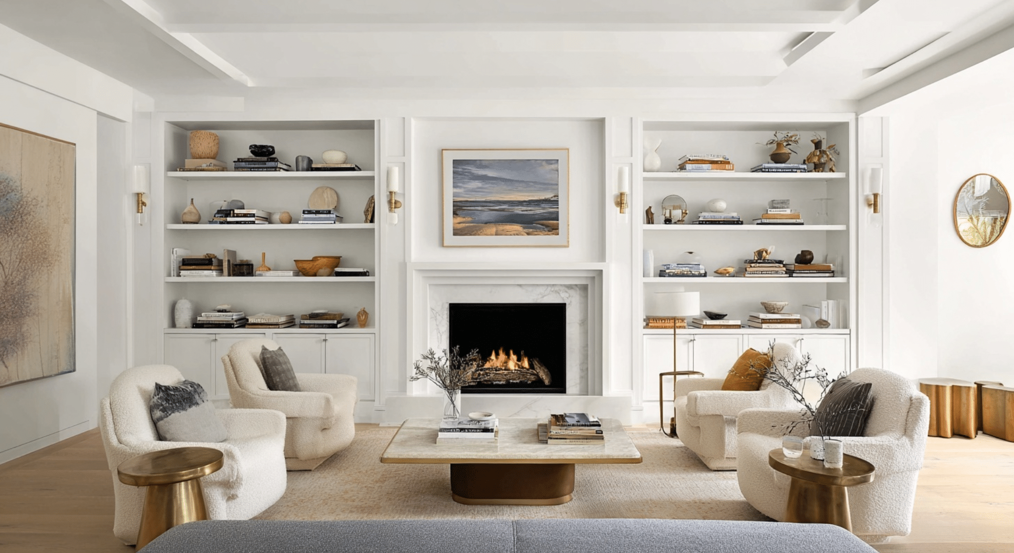 built in bookcases framing a fireplace