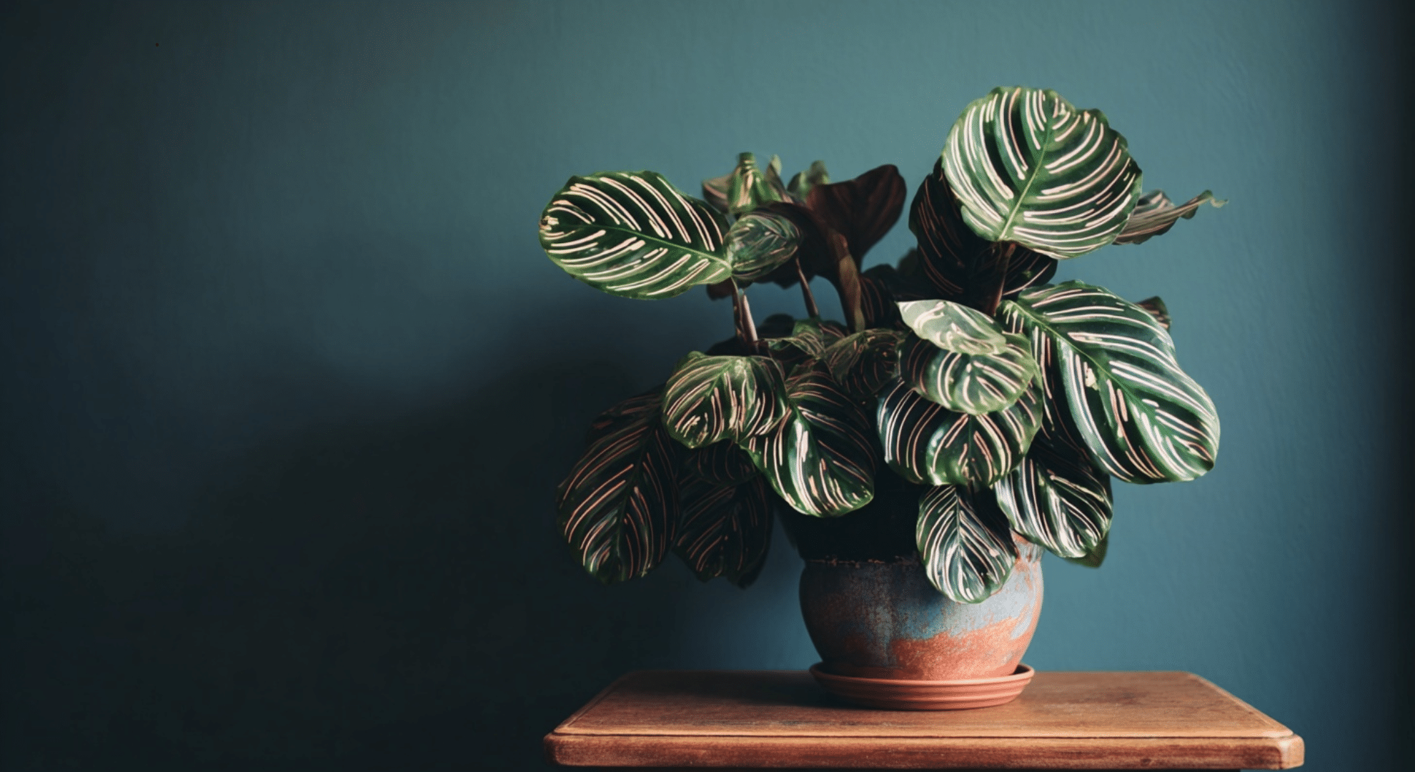 calathea with decorative patterned leaves showing stripes and colorful markings