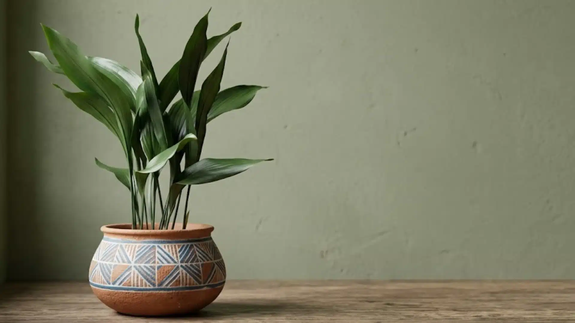 cast iron plant with upright dark green leaves in a patterned pot on a wooden floor