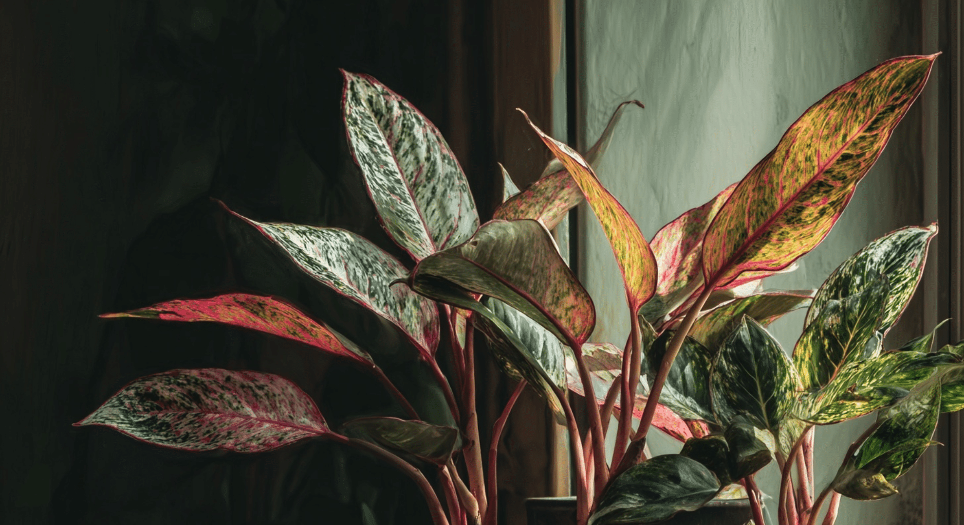 chinese evergreen with variegated leaves showing green pink and white patterns