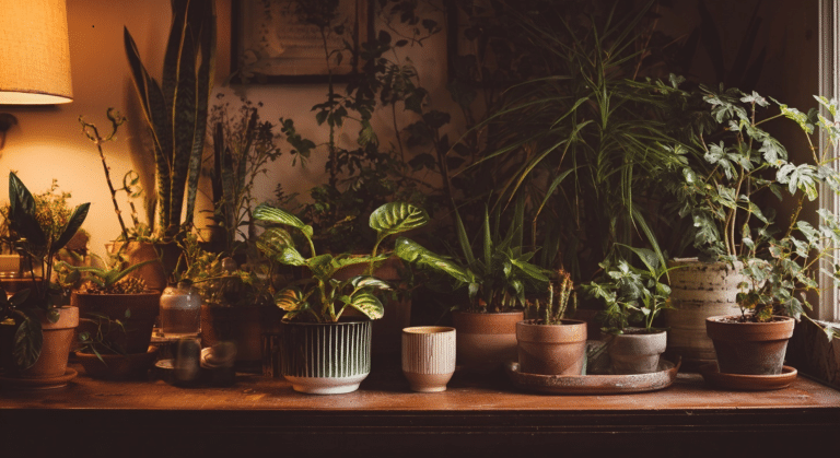different types of potted houseplants on a table