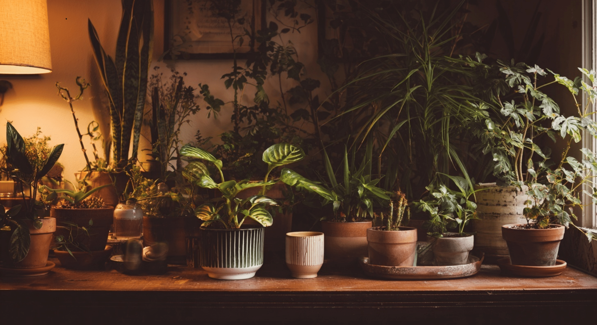 different types of potted houseplants on a table