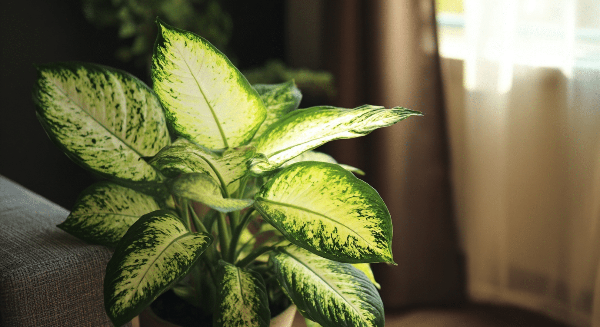 dieffenbachia with large green leaves featuring creamy white centers and spots