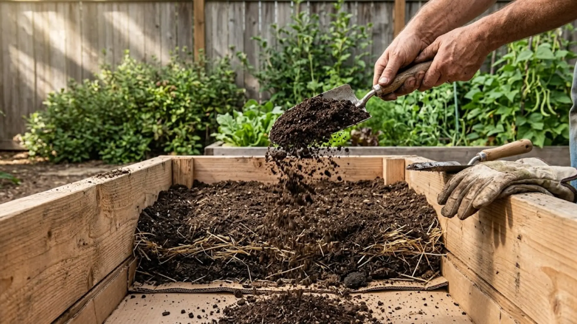 hands filling raised garden bed with soil, layered base visible beneath