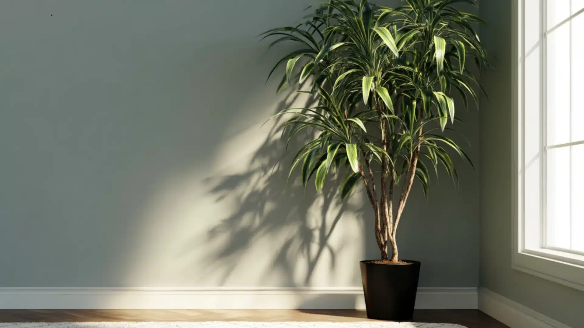 tall dracaena with long striped green leaves growing in a black pot beside a bright window
