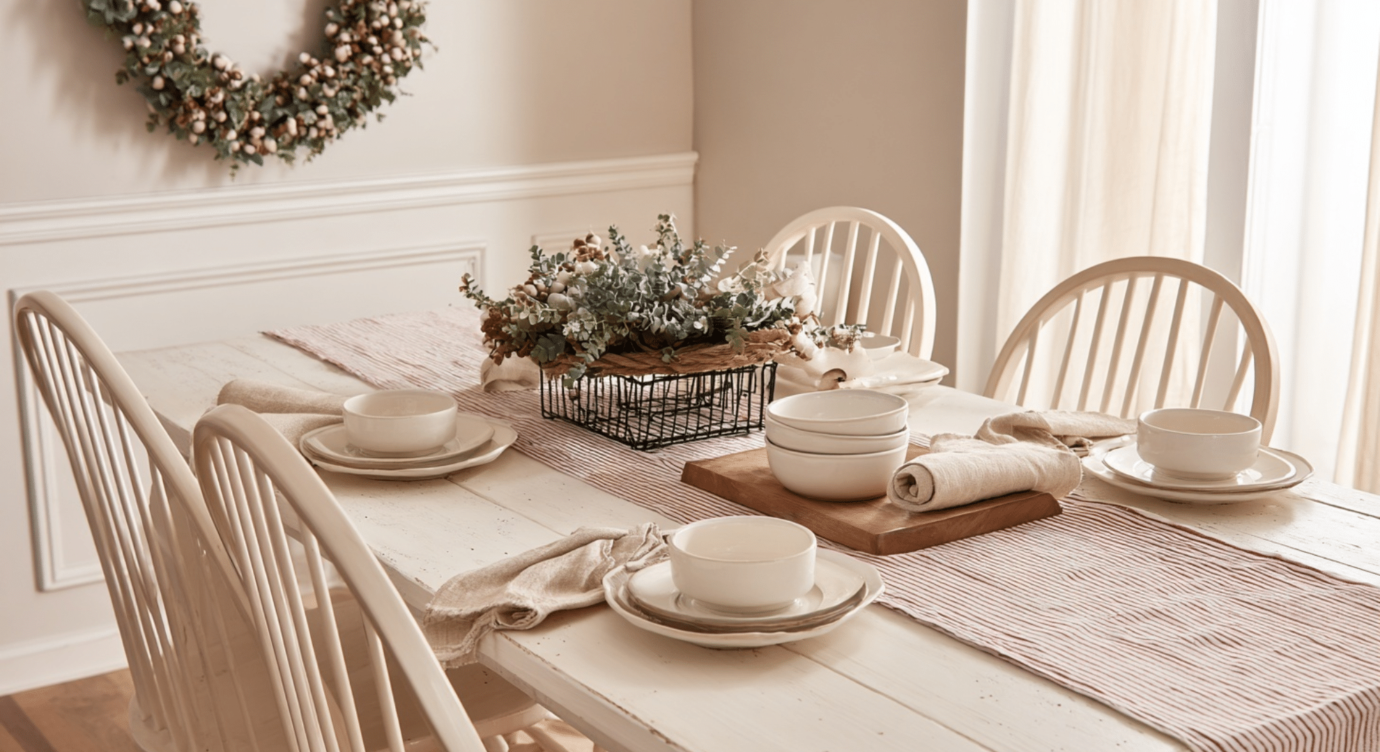 farmhouse valentine decor with white and soft red accents