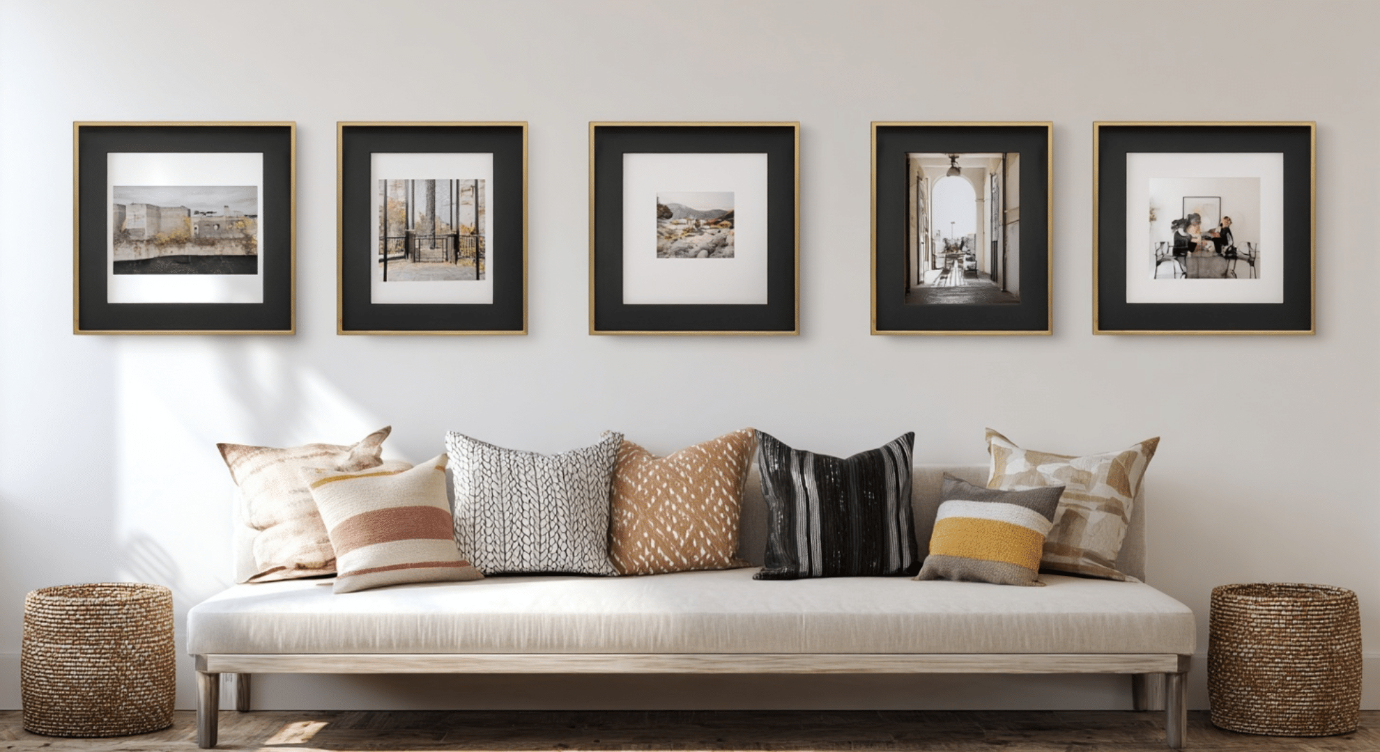 framed artwork arranged in clean even spacing