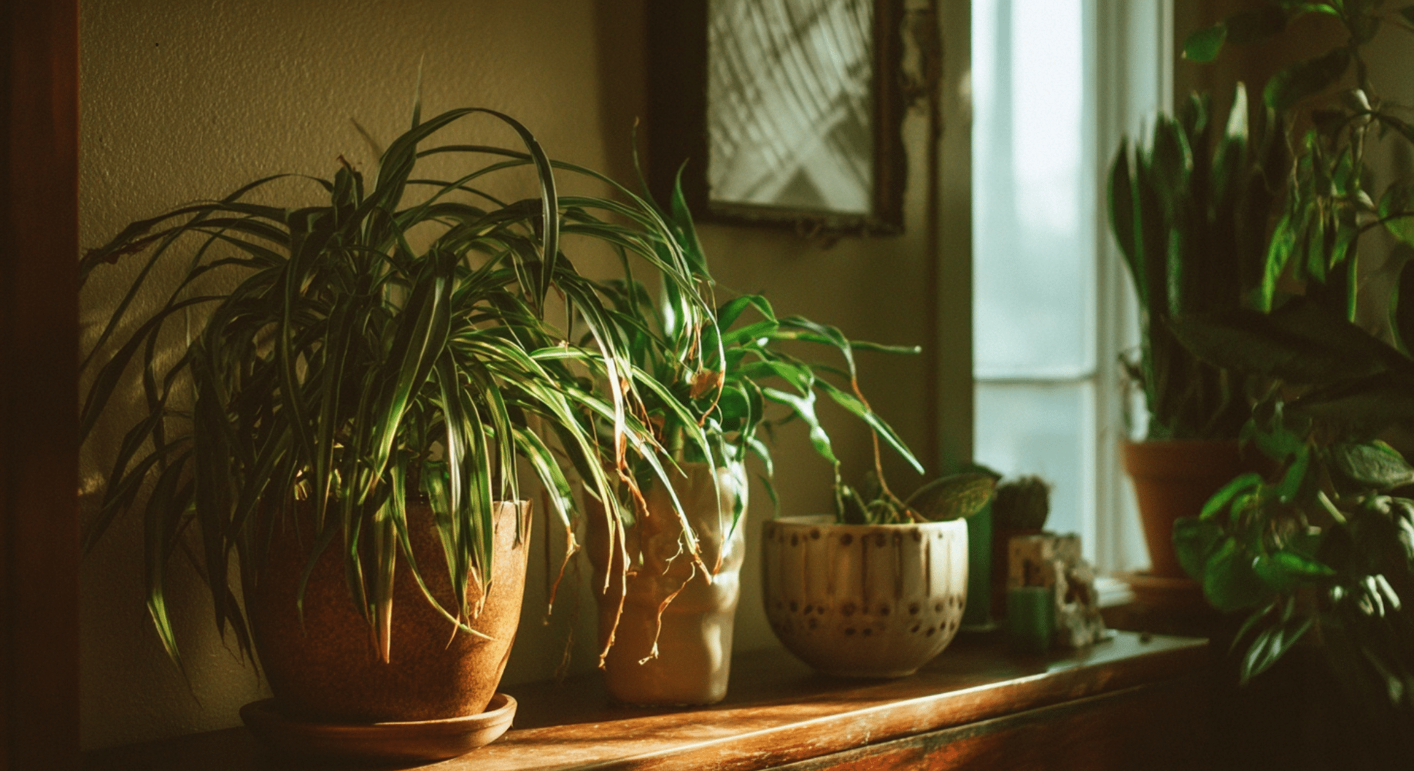 different potted plants on a windowsill with sunlight hitting on them