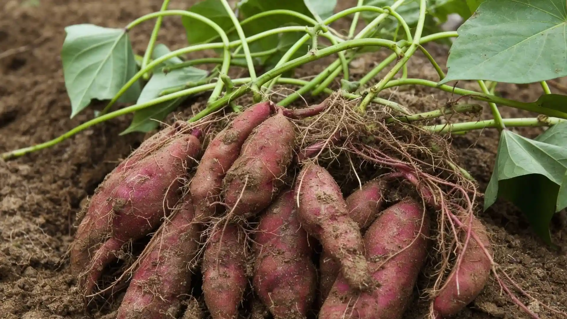 harvested sweet potatoes growing beneath soil with green vines and exposed roots