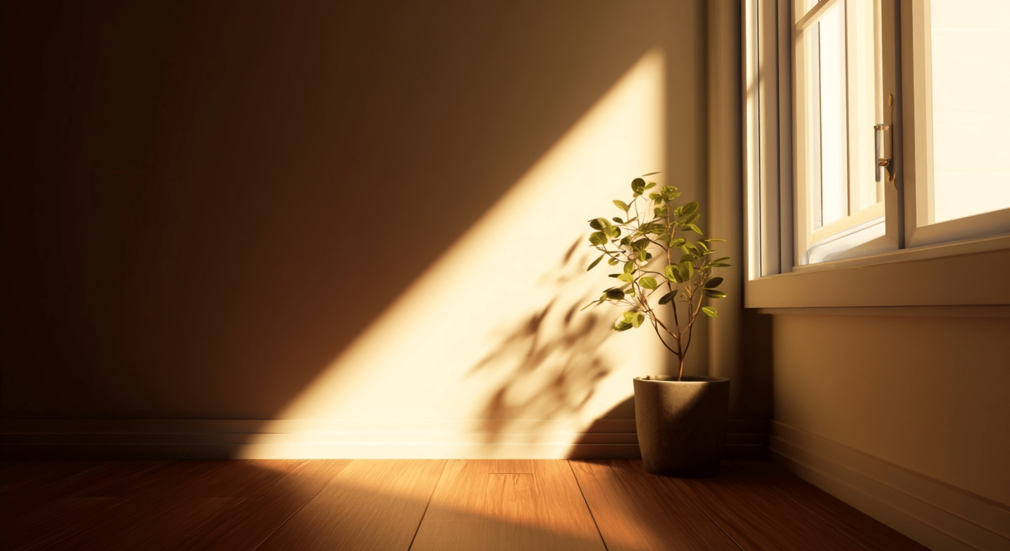 a potted plant on the floor in the corner of a room with sunlight