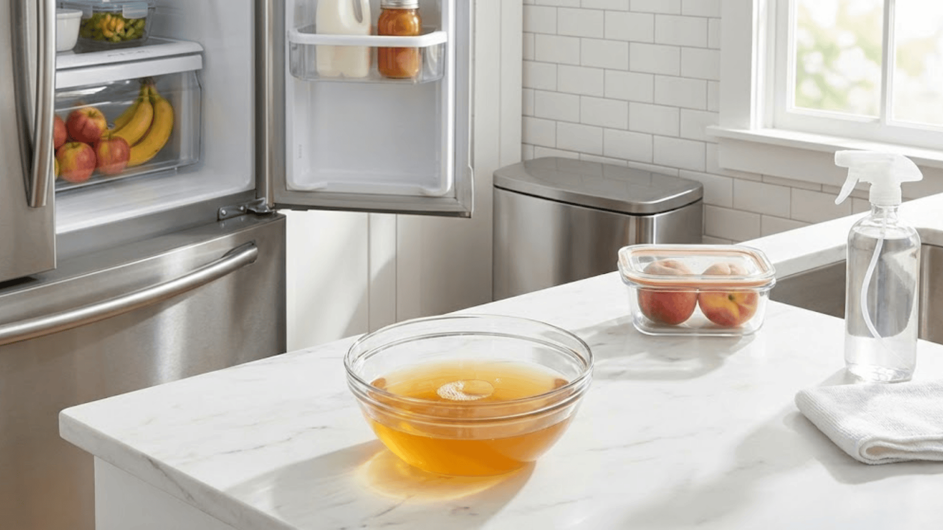 diy apple cider vinegar trap and clean kitchen counter with stored fruit