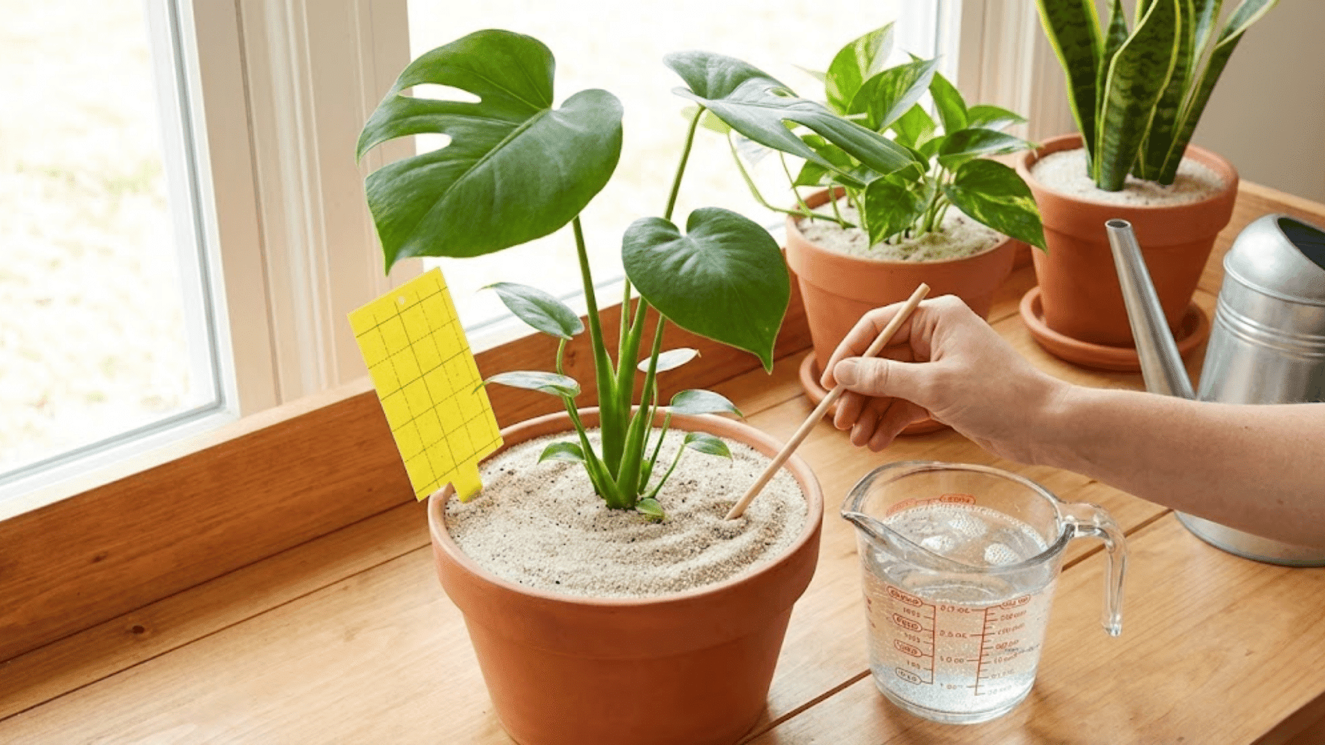 yellow sticky traps in plant soil and watering can with proper drainage setup