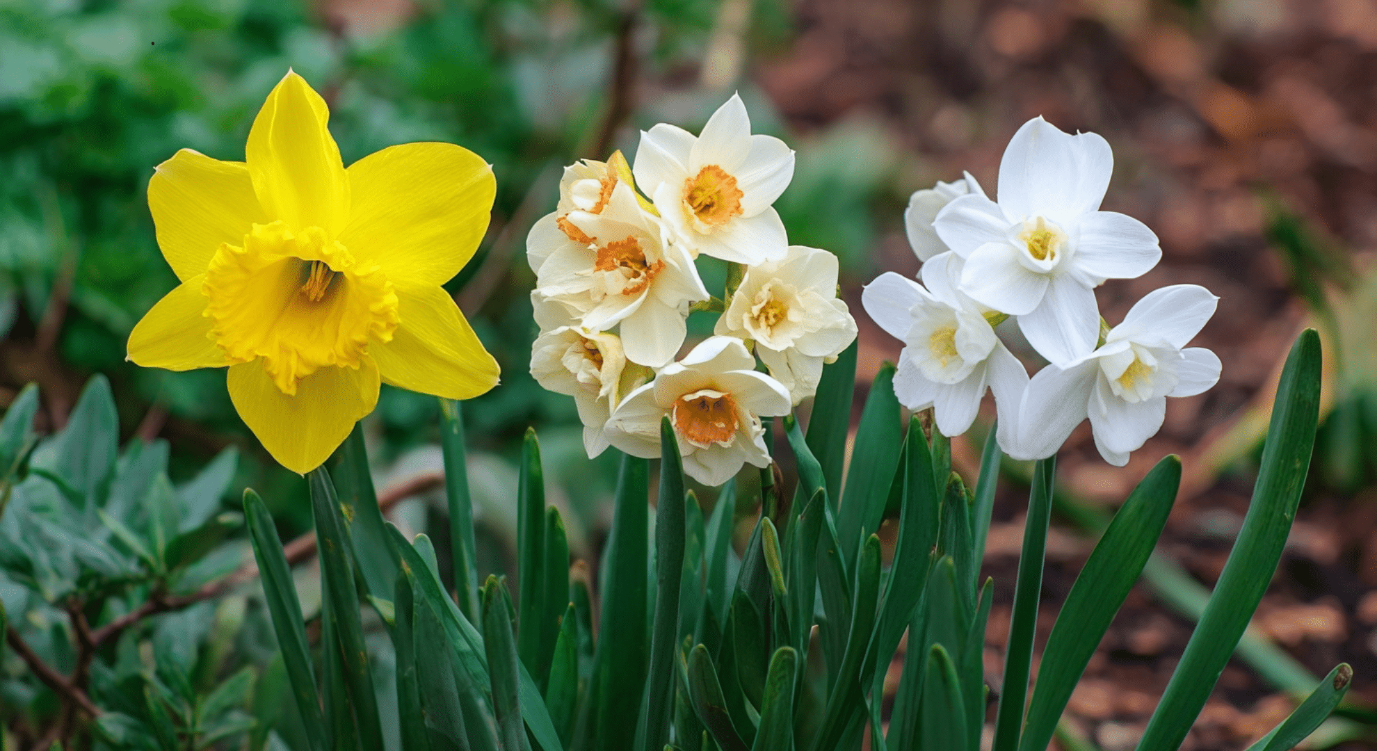 different types of narcissus in a garden in full bloom