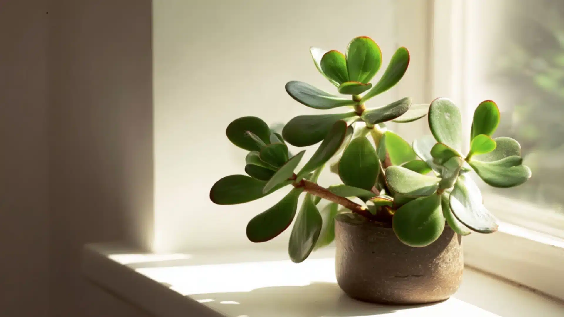 jade plant with thick rounded green succulent leaves growing in a small pot on a sunny windowsill