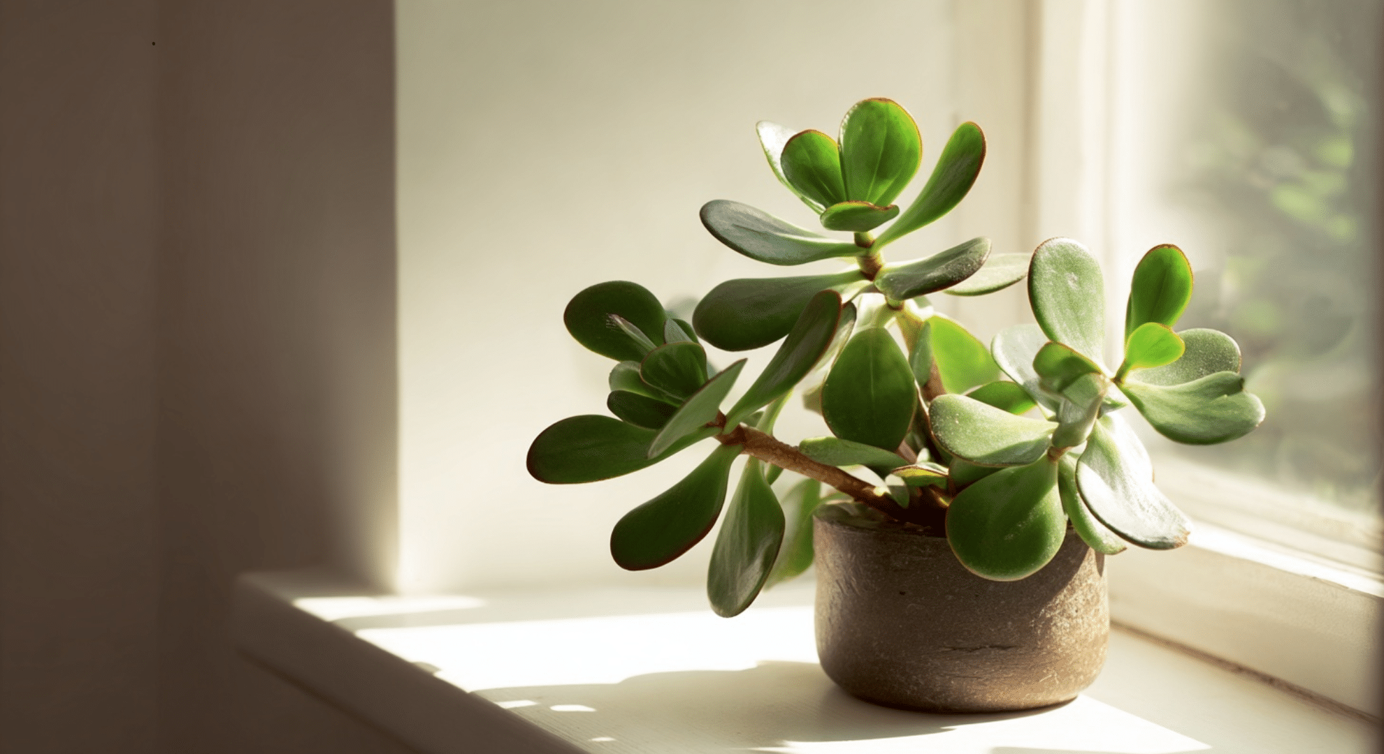 jade plant with thick rounded succulent green leaves on woody stems