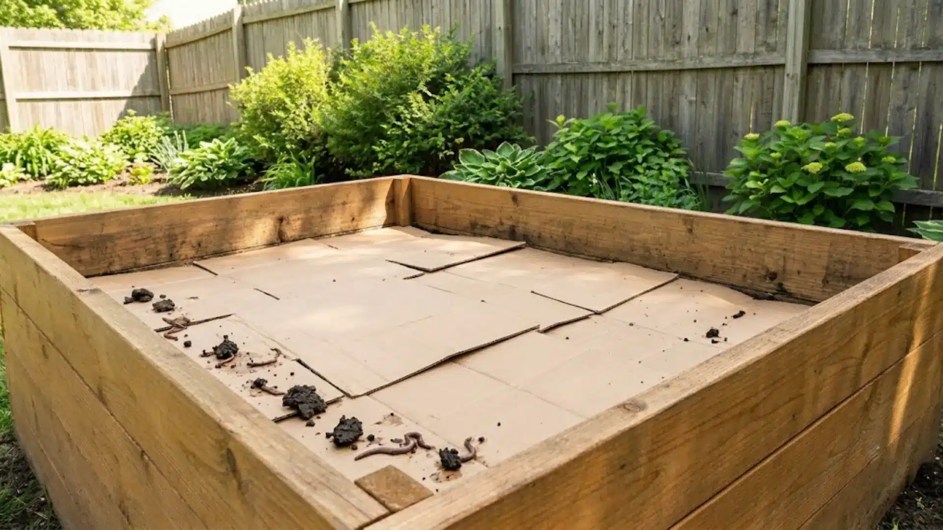 cardboard layer lining raised garden bed base for weed suppression