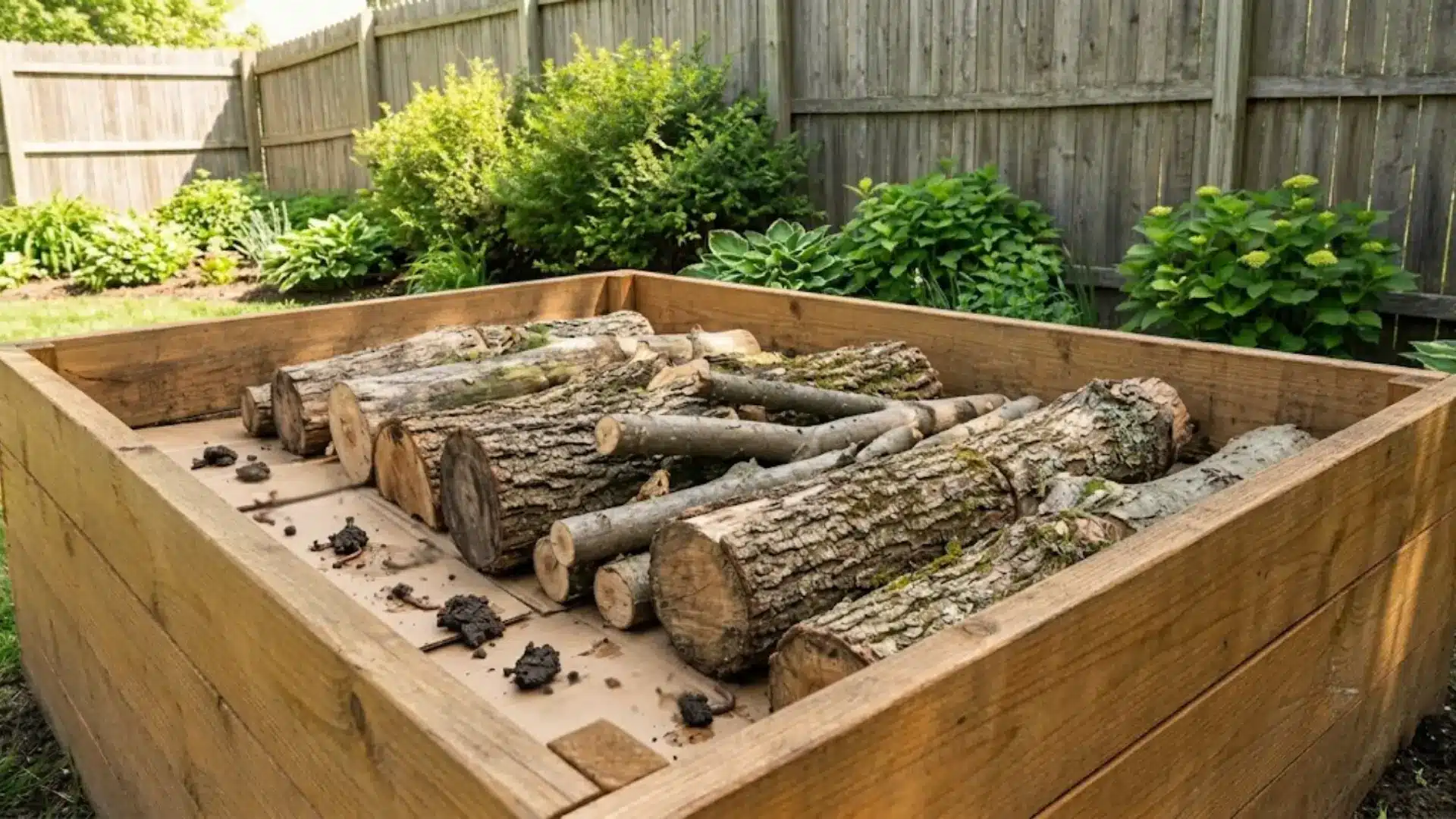 logs and branches layered at base of deep raised bed, hugelkultur method