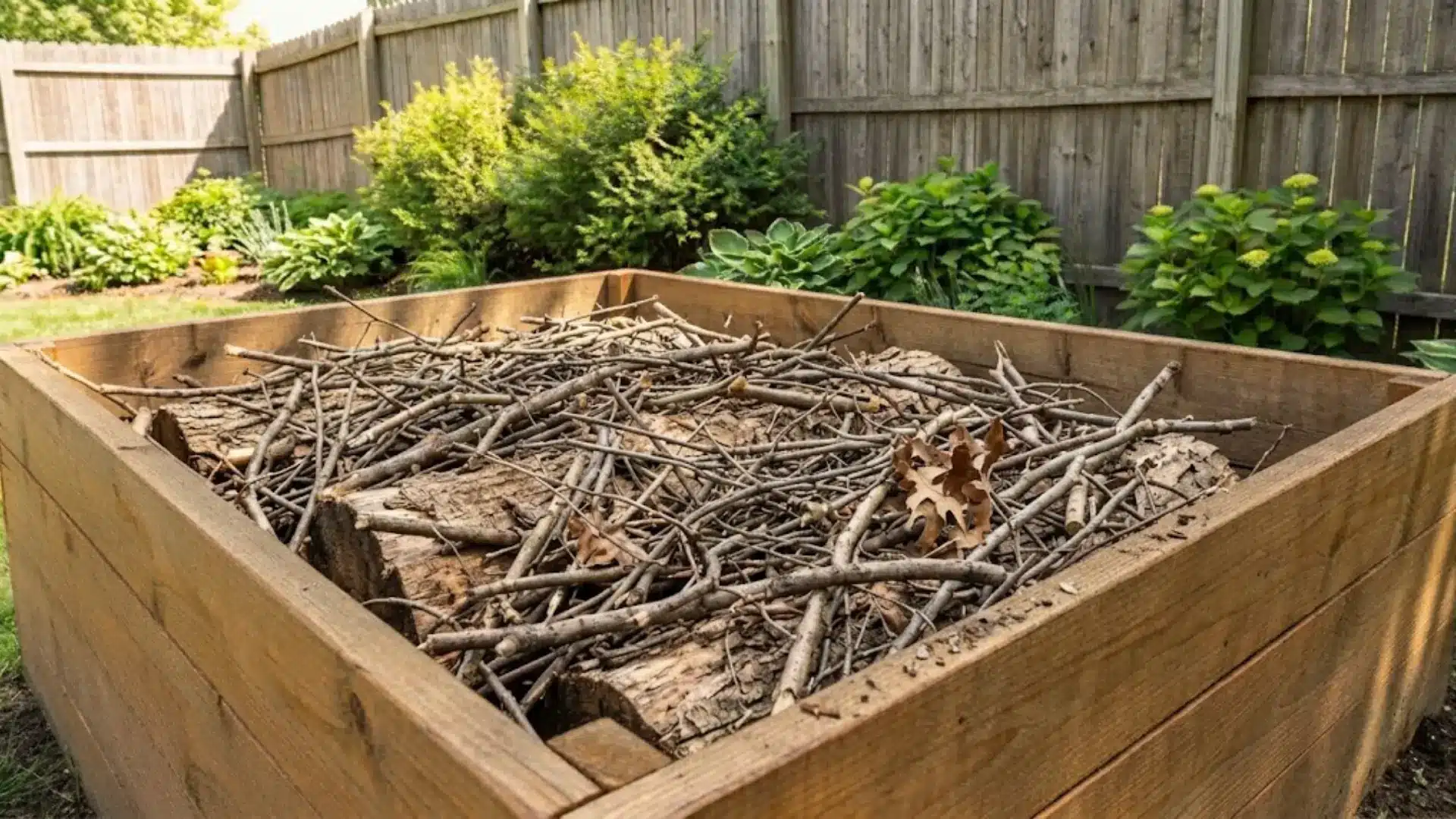 small branches and twigs filling gaps in raised bed hugelkultur layer