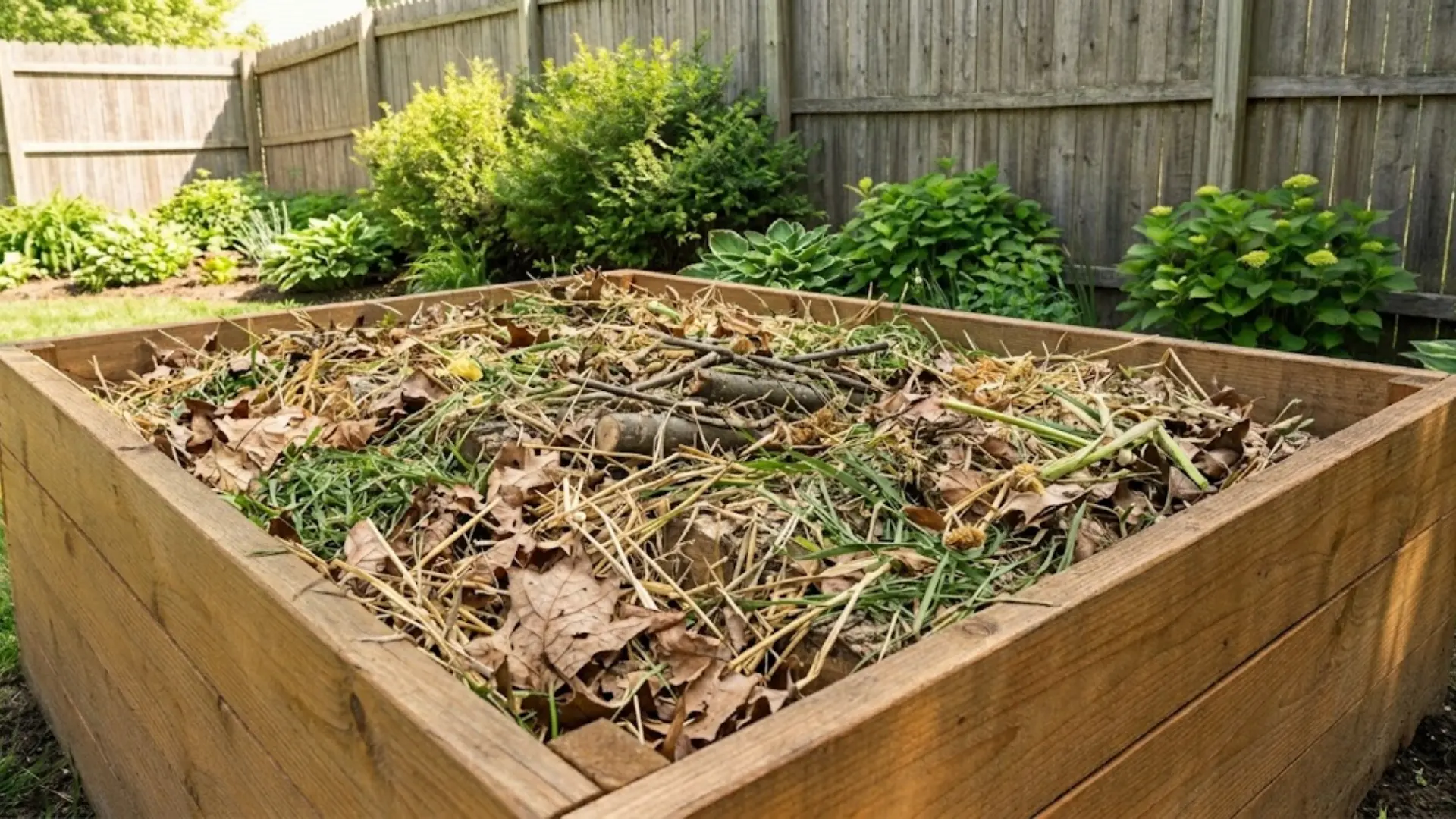 leaves straw and yard waste layer in raised garden bed for compost
