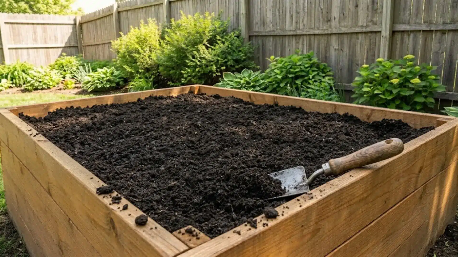 finished dark compost layer added to raised garden bed soil