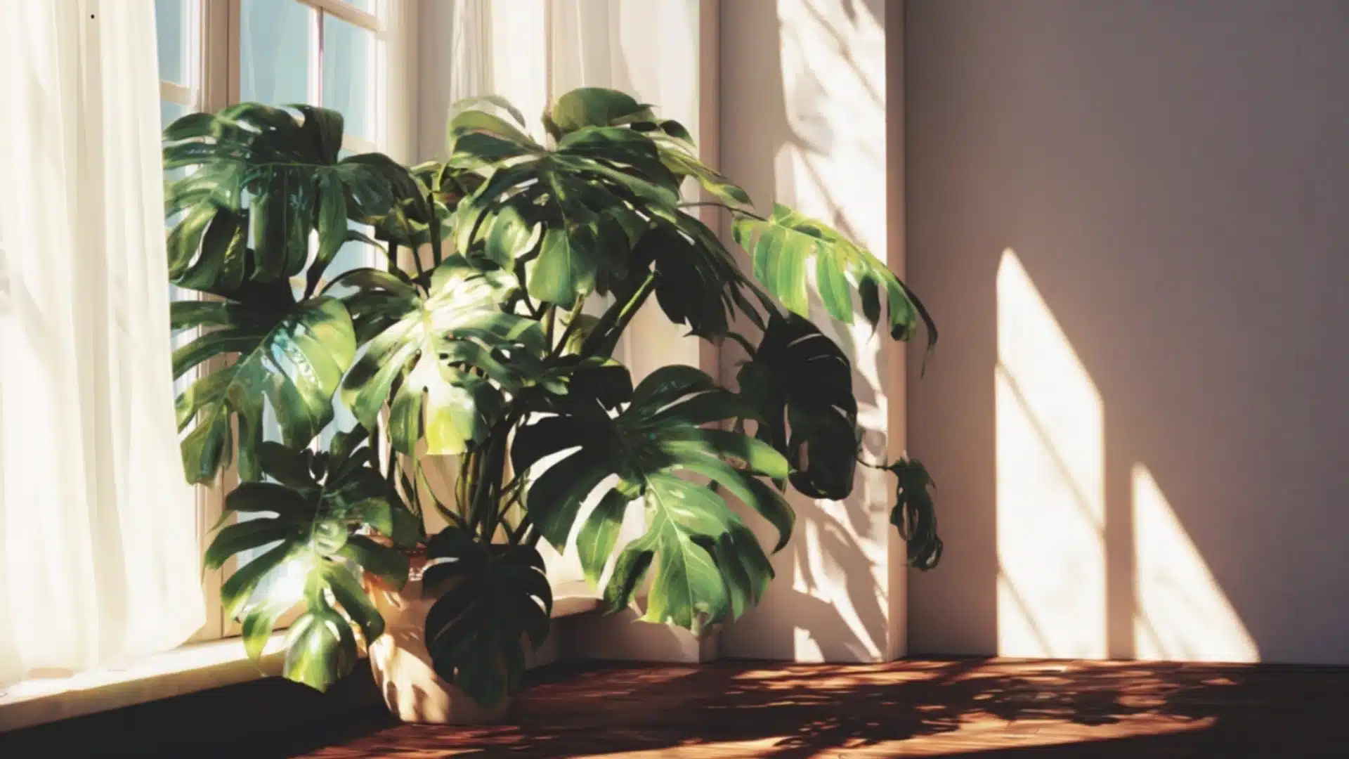 monstera plant with large split green leaves growing beside a bright window in a spacious indoor corner