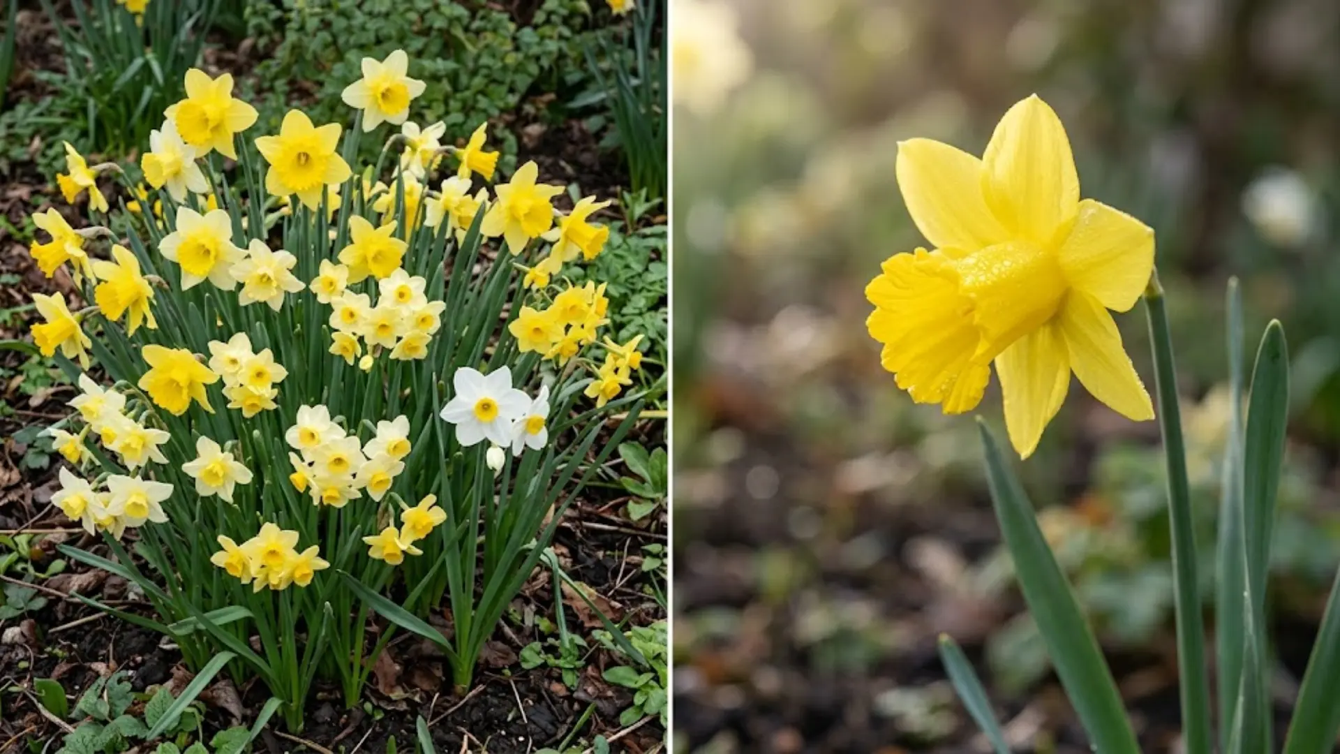 narcissus flower cluster beside a single classic yellow daffodil bloom in a spring garden
