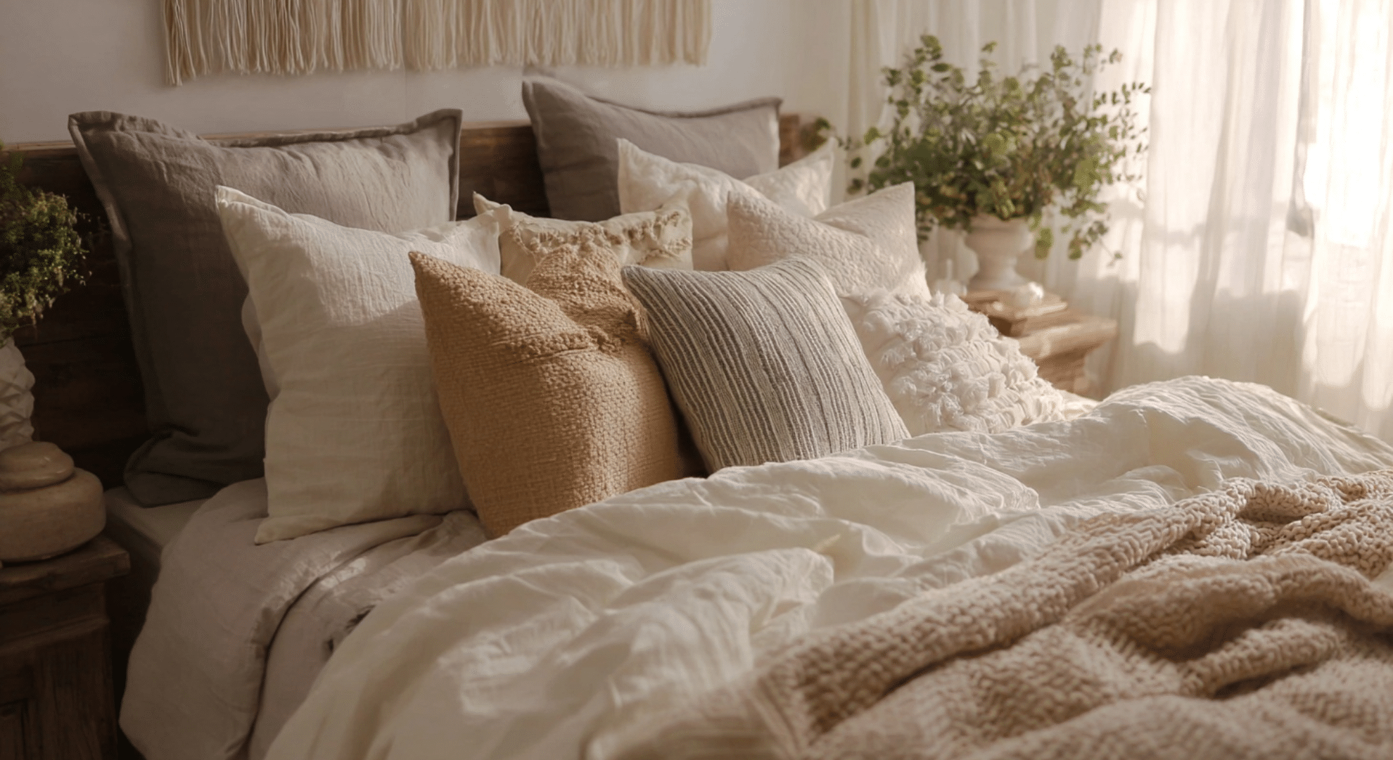 neutral bedrooms with textured bedding layers