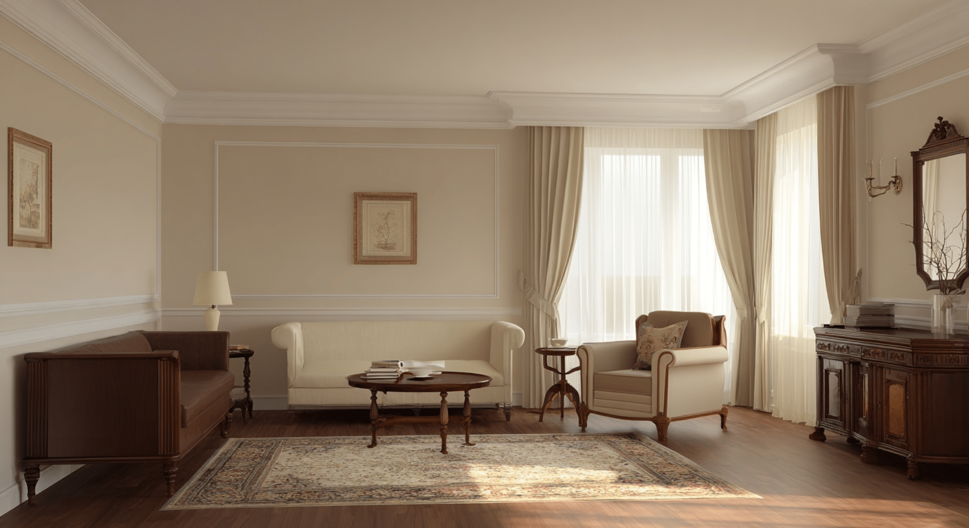 neutral walls paired with dark wood furniture