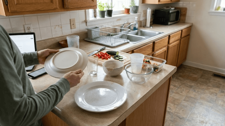 hands arranging non toxic dinnerware white plates bowls on kitchen counter