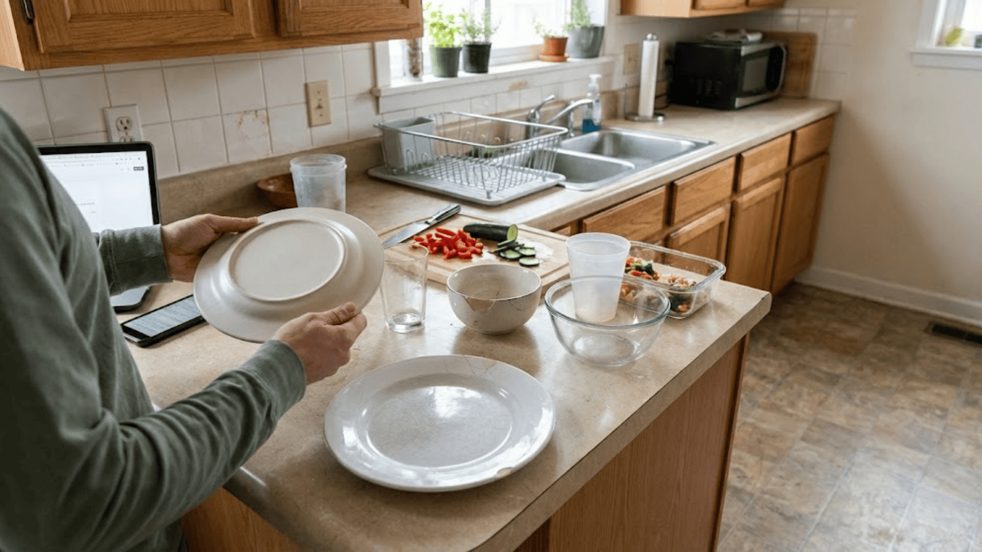 hands arranging non toxic dinnerware white plates bowls on kitchen counter