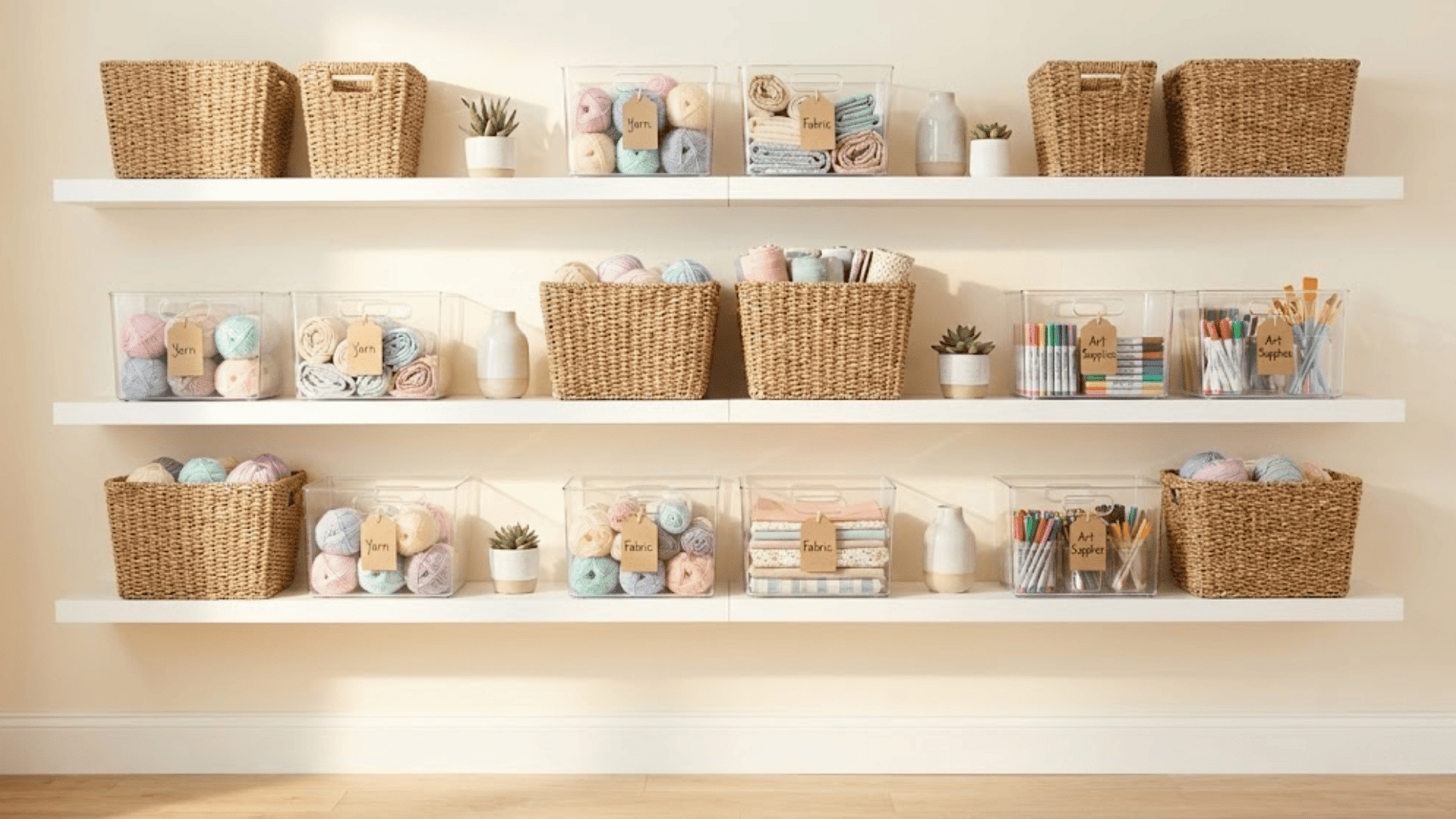 open shelving with labeled bins