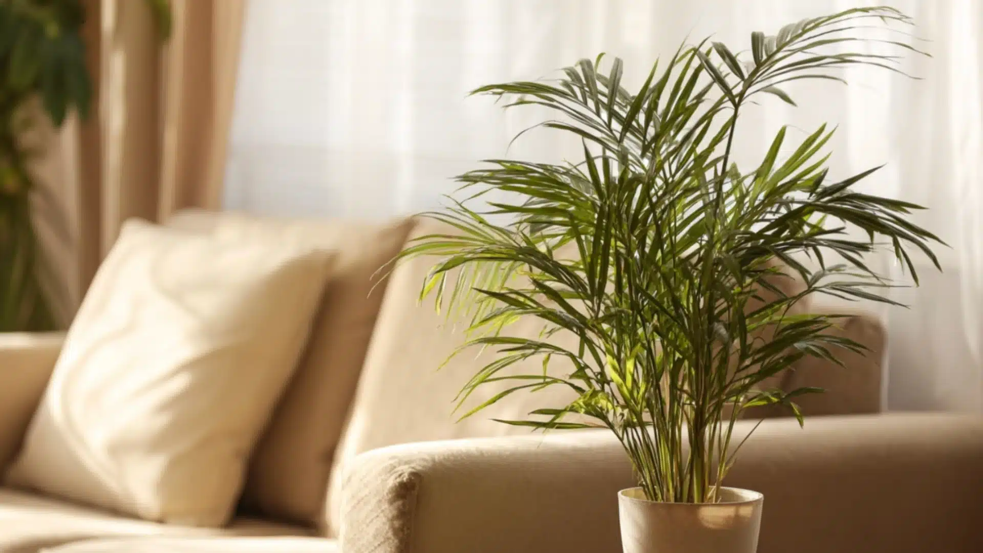 parlor palm with soft feathery green fronds growing beside a beige sofa in warm natural light