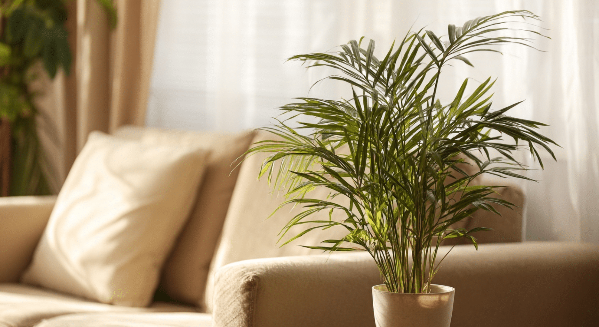parlor palm with delicate feathery green fronds on thin stems in a pot