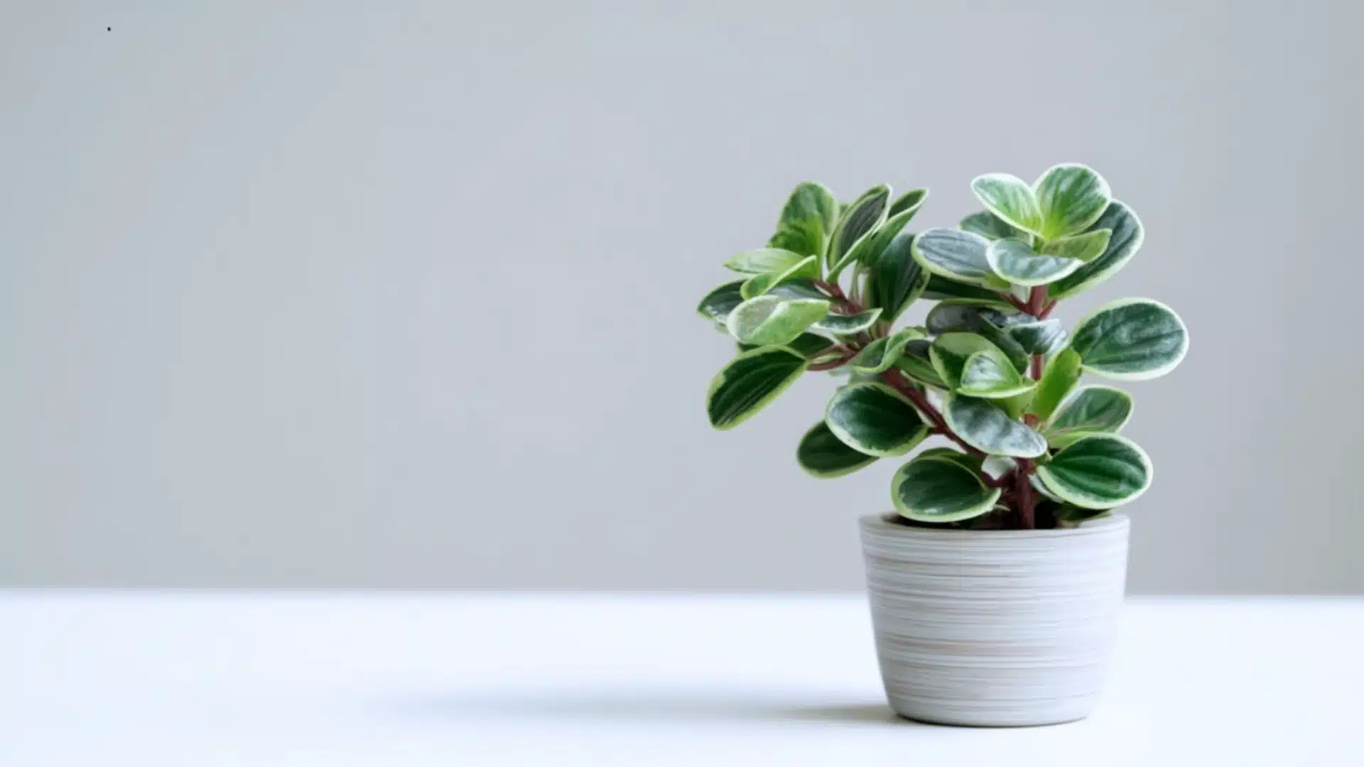 peperomia with small rounded green leaves growing compactly in a white pot on a clean white surface