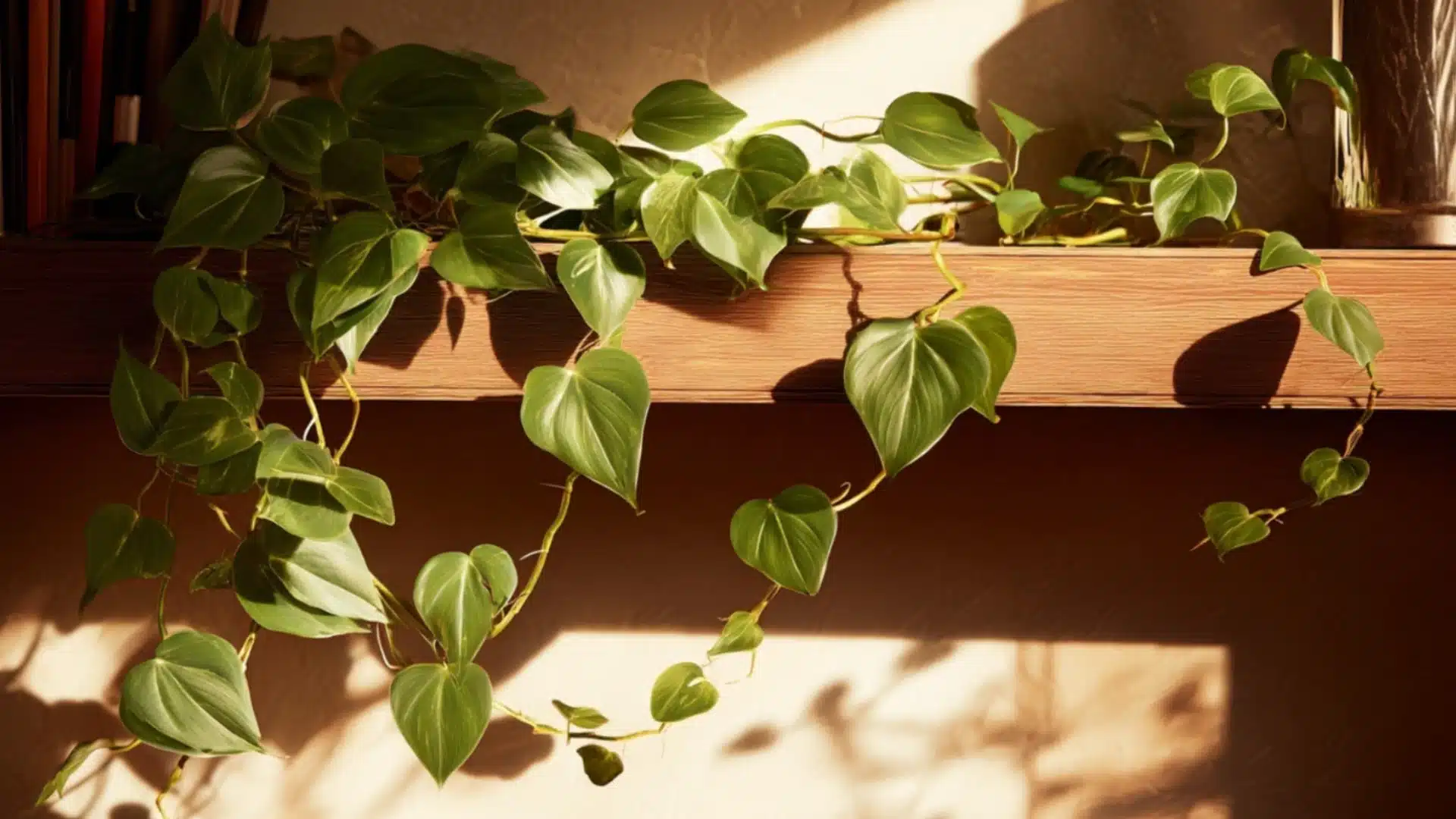 philodendron with trailing heart shaped green leaves growing across a wooden shelf in warm natural light