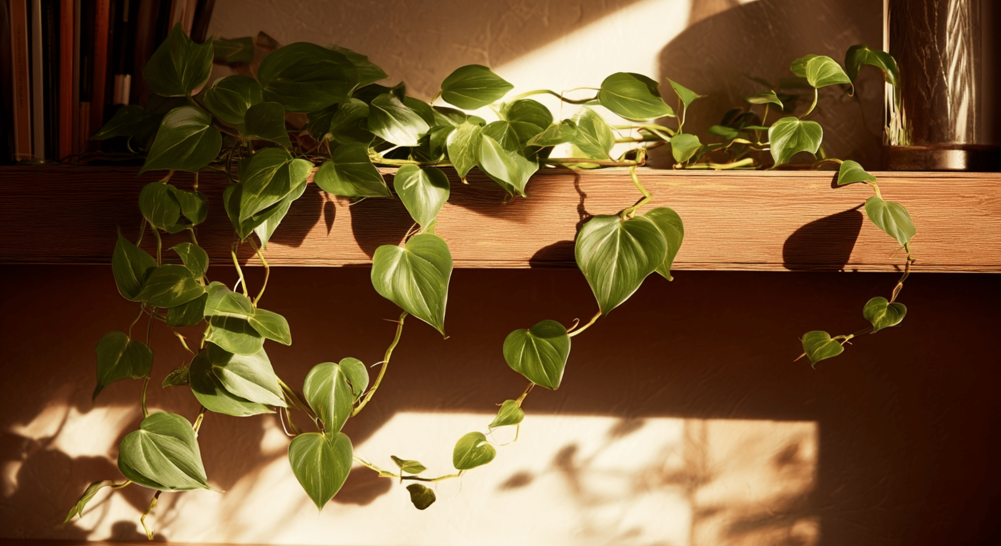 philodendron with heart-shaped green leaves trailing on long vines from a pot